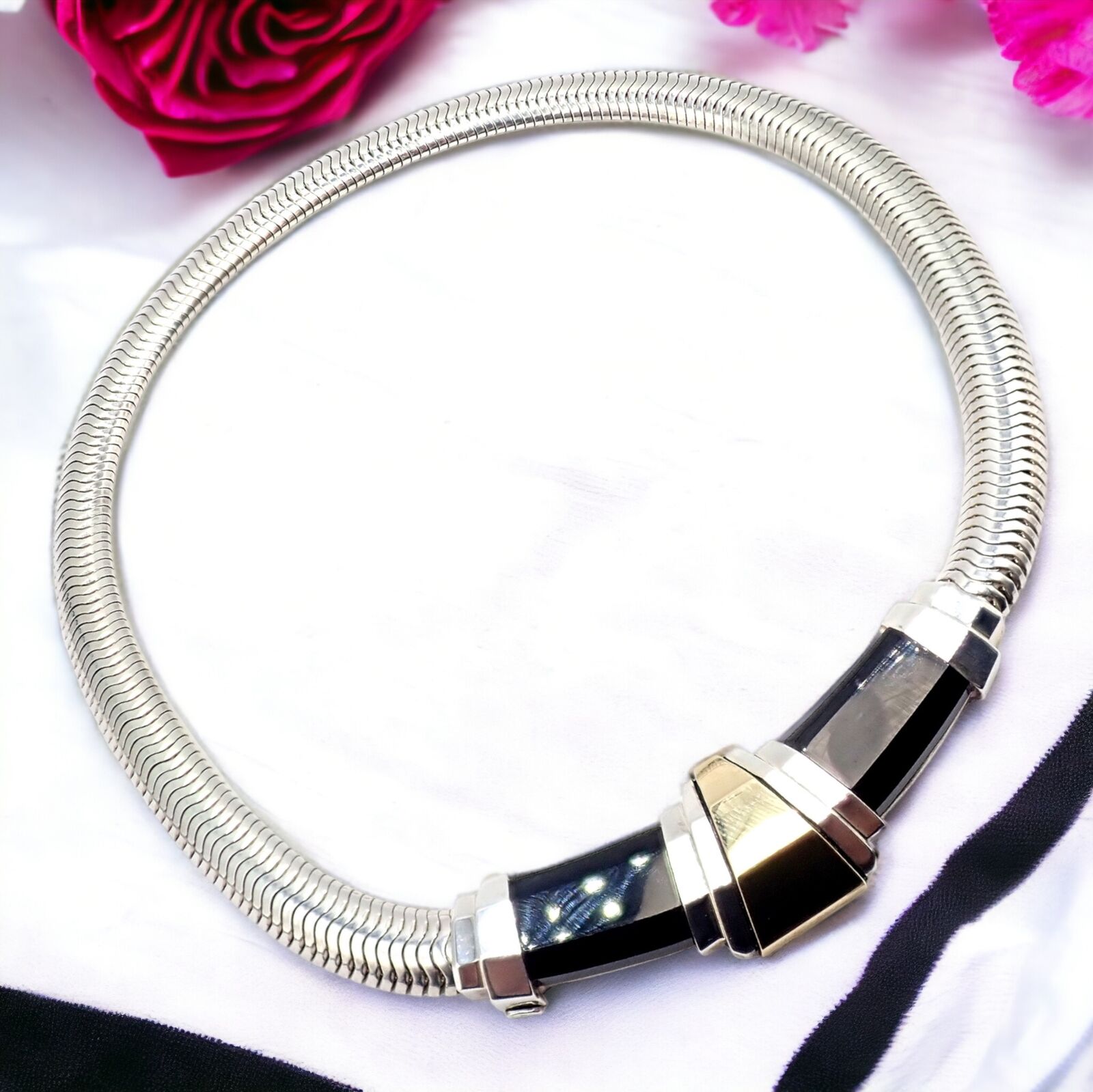 Authentic! Vintage Cartier 18k Yellow Gold + Silver Art Deco Onyx Necklace | Fortrove