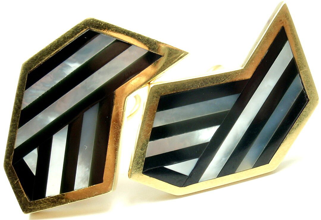 Rare! Authentic Tiffany & Co 18k Yellow Gold Black Jade Mother of Pearl Earrings | Fortrove