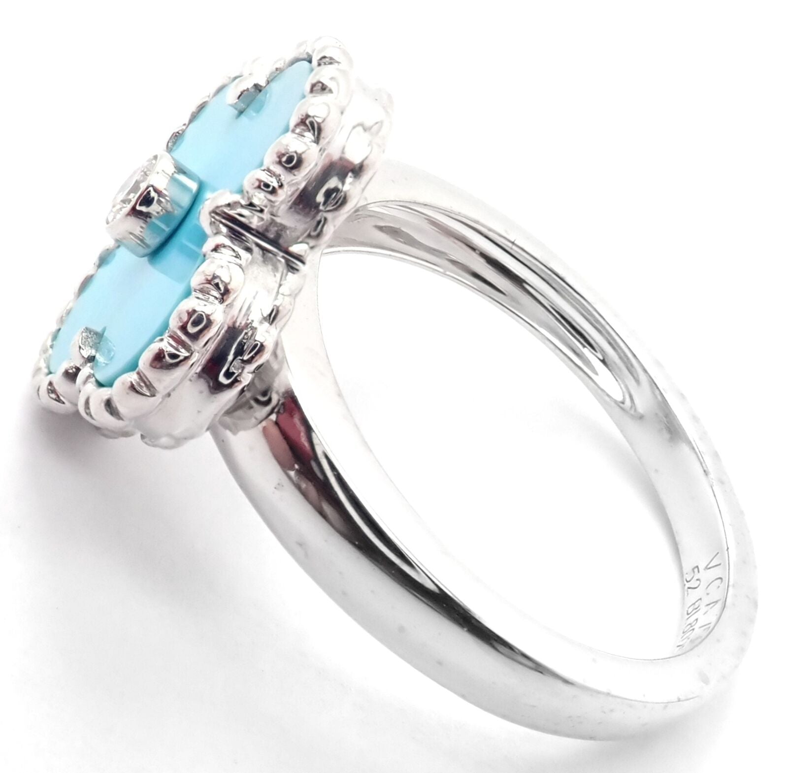 Authentic! Van Cleef & Arpels Alhambra 18k White Gold Diamond Turquoise Ring | Fortrove