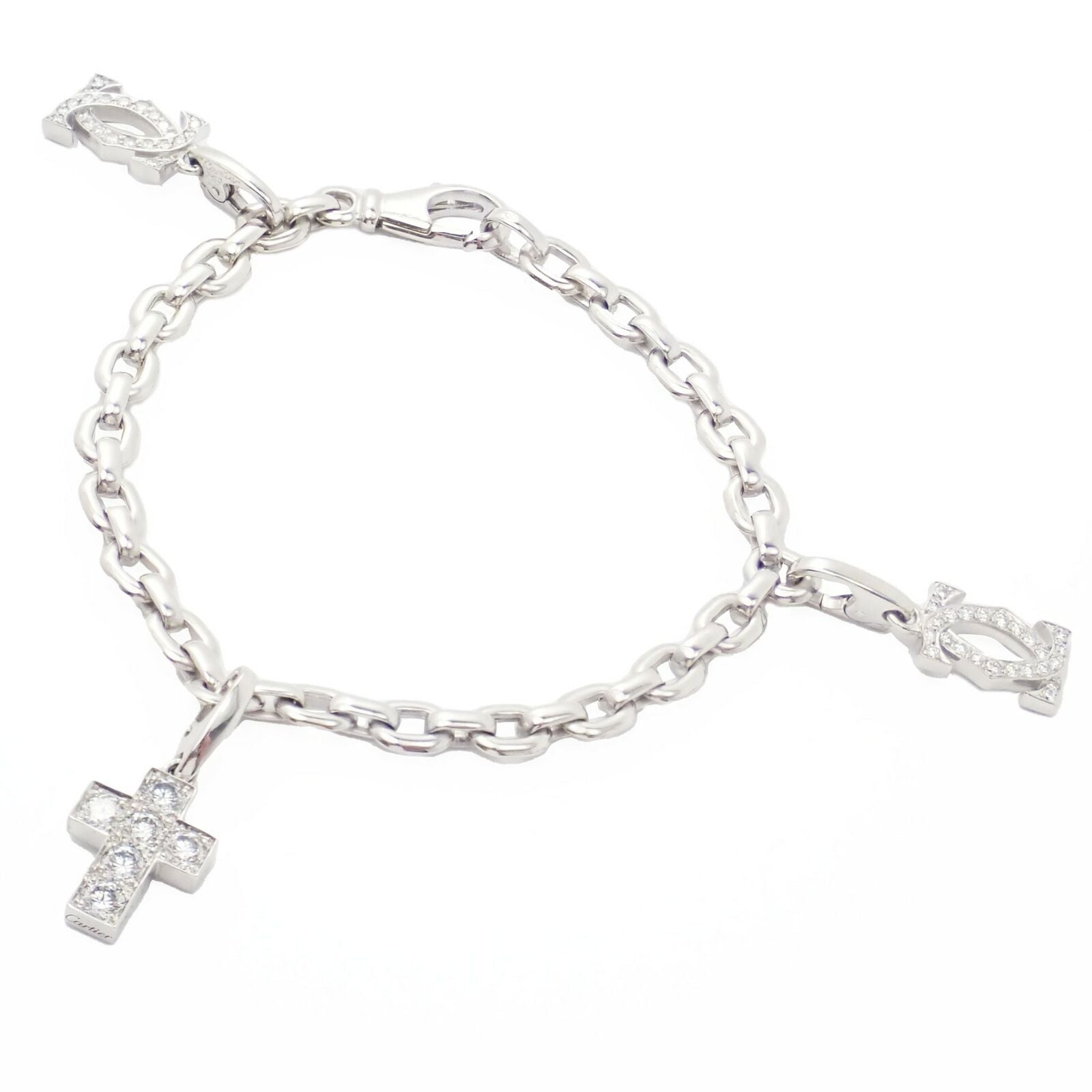 Authentic! Cartier 18k White Gold 3 Charm Bracelet with Diamond Cross Double C's | Fortrove