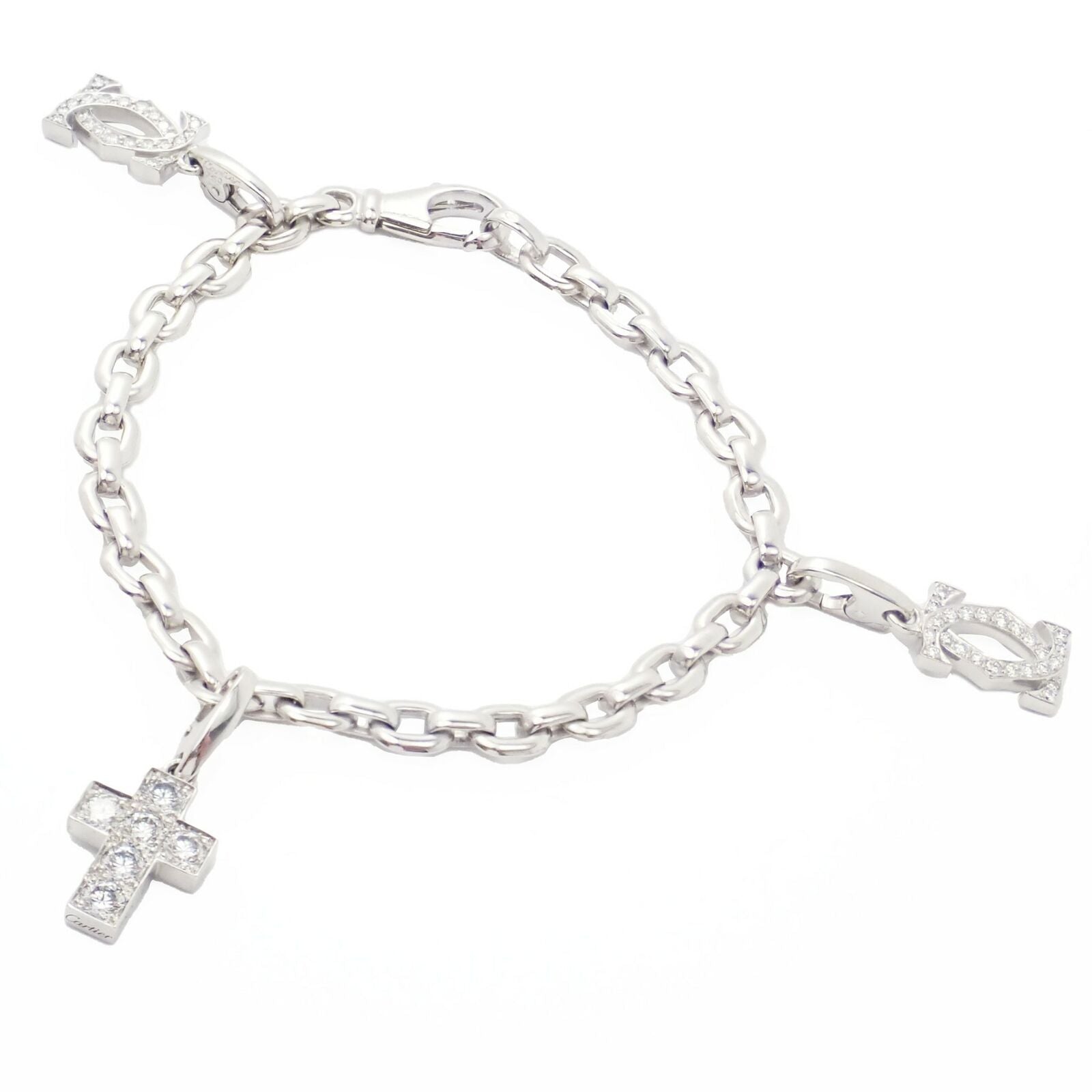 Cartier Jewelry & Watches:Fine Jewelry:Bracelets & Charms Authentic! Cartier 18k White Gold 3 Charm Bracelet with Diamond Cross Double C's