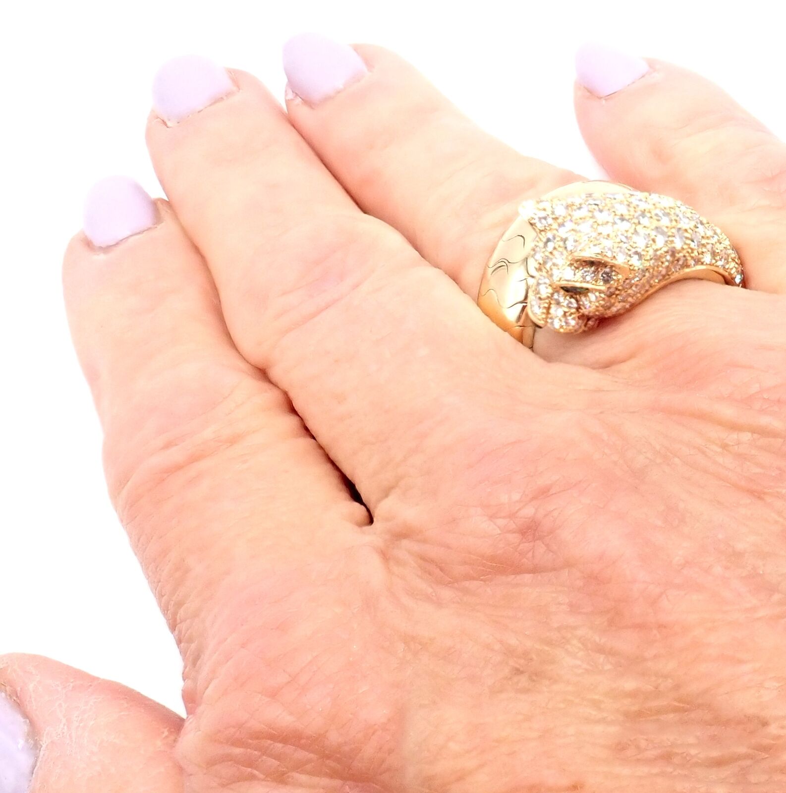 Authentic! Cartier Panther 18k Yellow Gold Diamond Emerald Onyx Band Ring | Fortrove