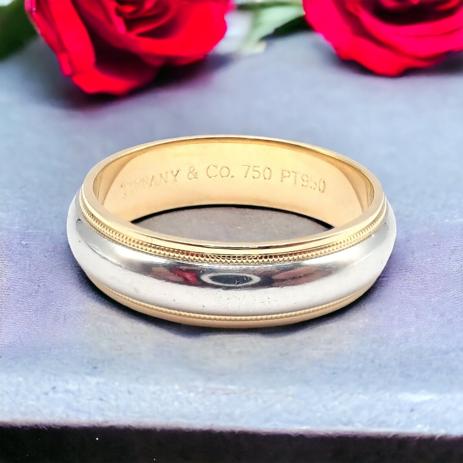 Tiffany & Co. 18k Yellow Gold Platinum 6mm Band Classic Milgrain Ring Sz 10 | Fortrove