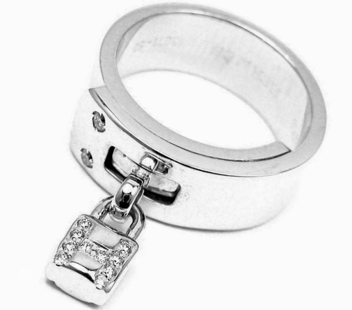 Rare! Authentic Hermes 18k White Gold "H" Lock Band Diamond Ring | Fortrove