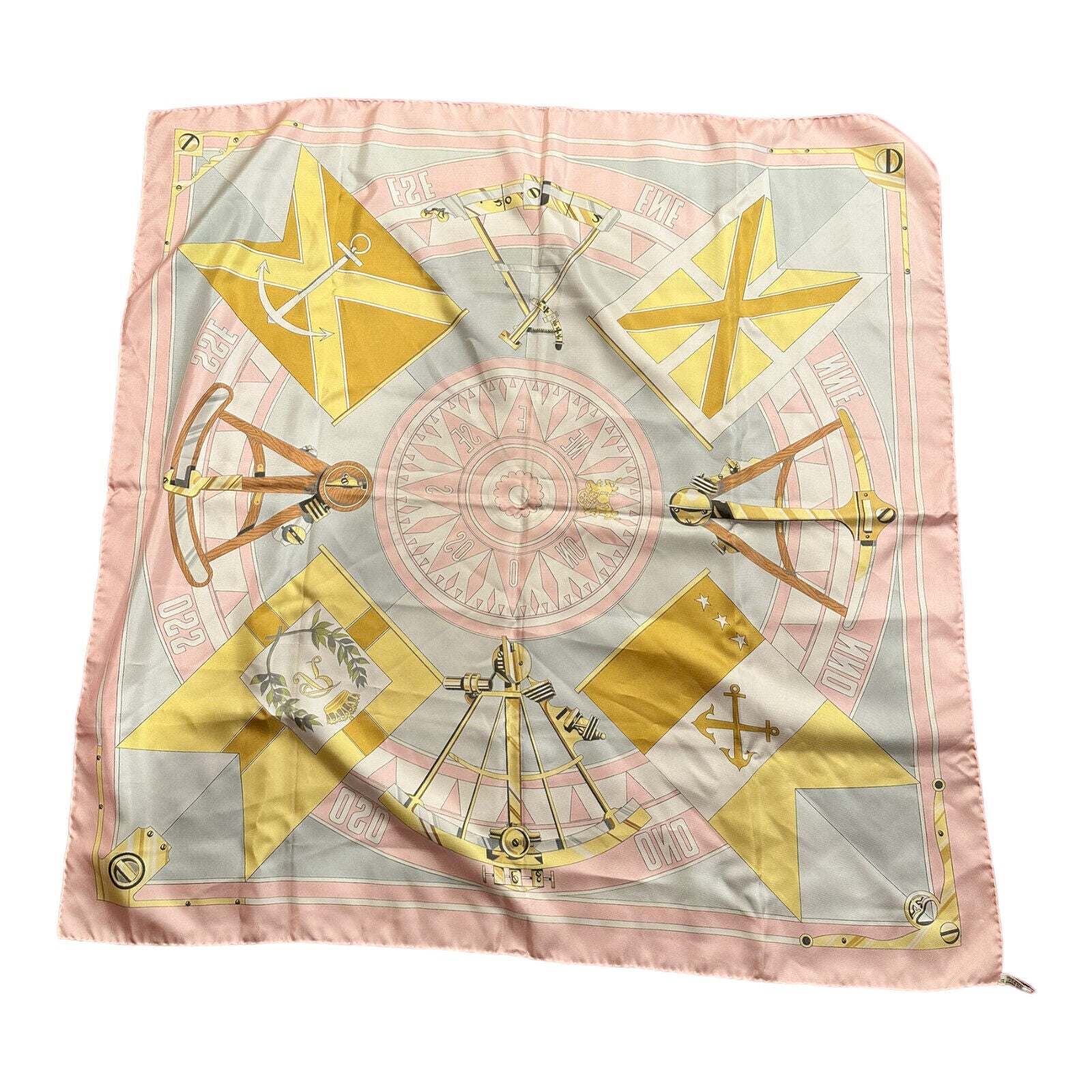 Authentic! Hermes Carre Sextants Nautical Vintage 90cm Light Pink Silk Scarf | Fortrove