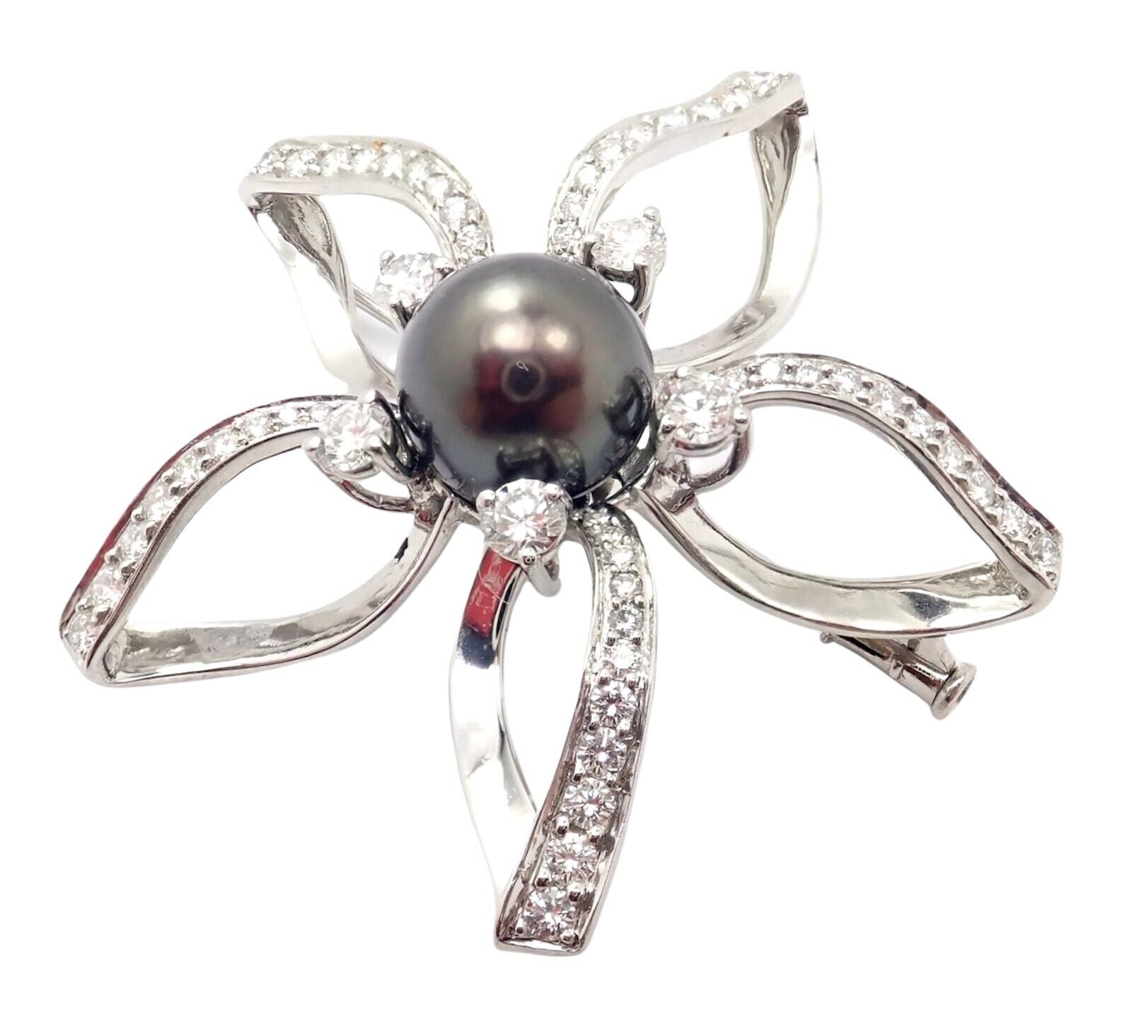 Rare! Authentic Mikimoto Platinum Diamond Tahitian South Sea Pearl Brooch Pin | Fortrove
