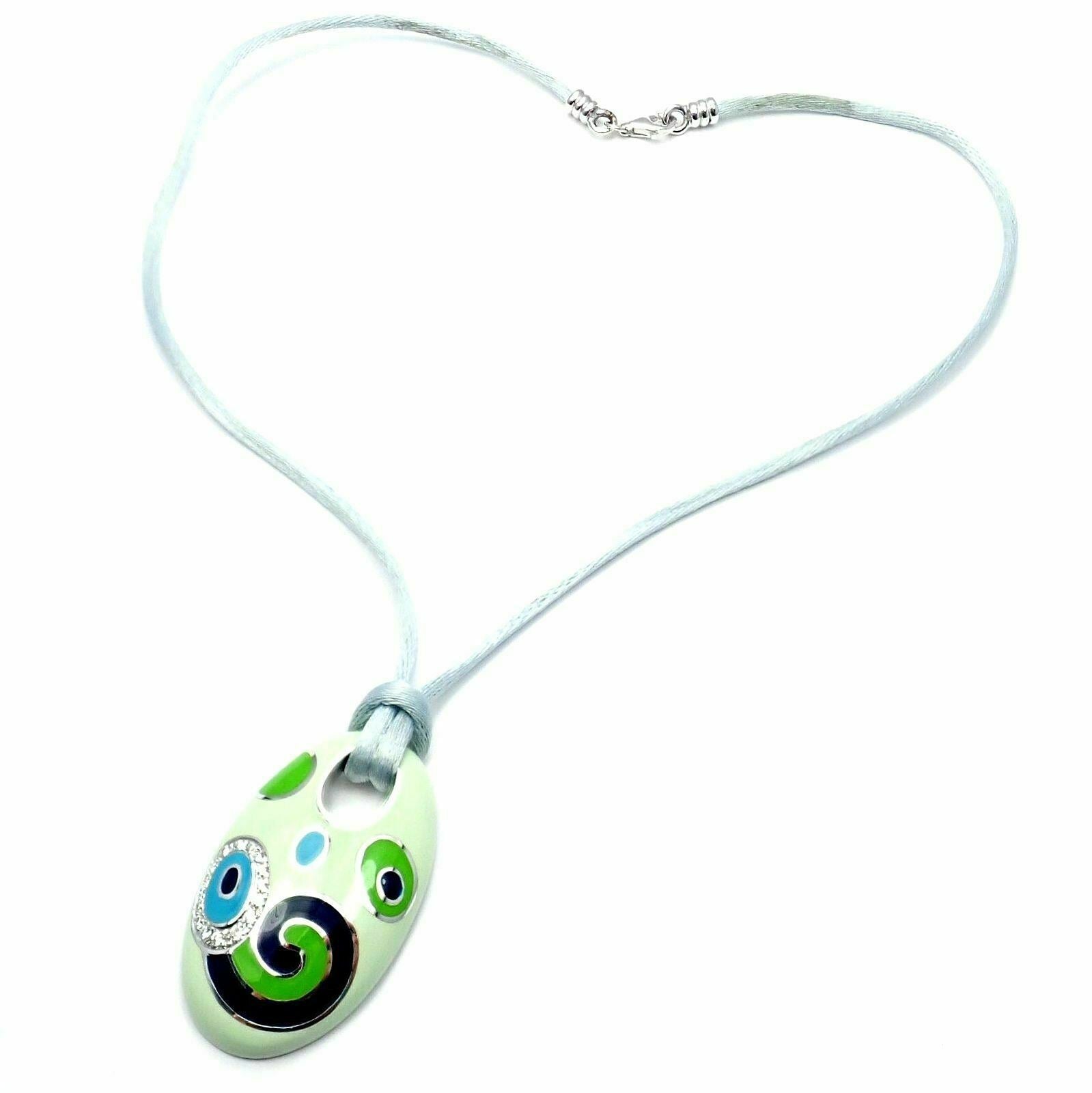 Roberto Coin 18k White Gold Diamond Green Enamel Silk Cord Pendant Necklace | Fortrove