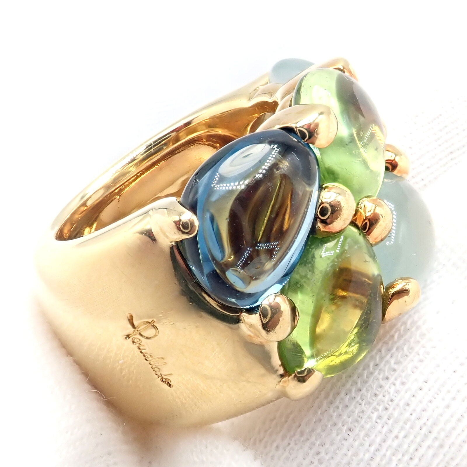 Authentic! Pomellato 18k Yellow Gold Sassi Large Peridot Topaz Aqua Ring sz 6 | Fortrove