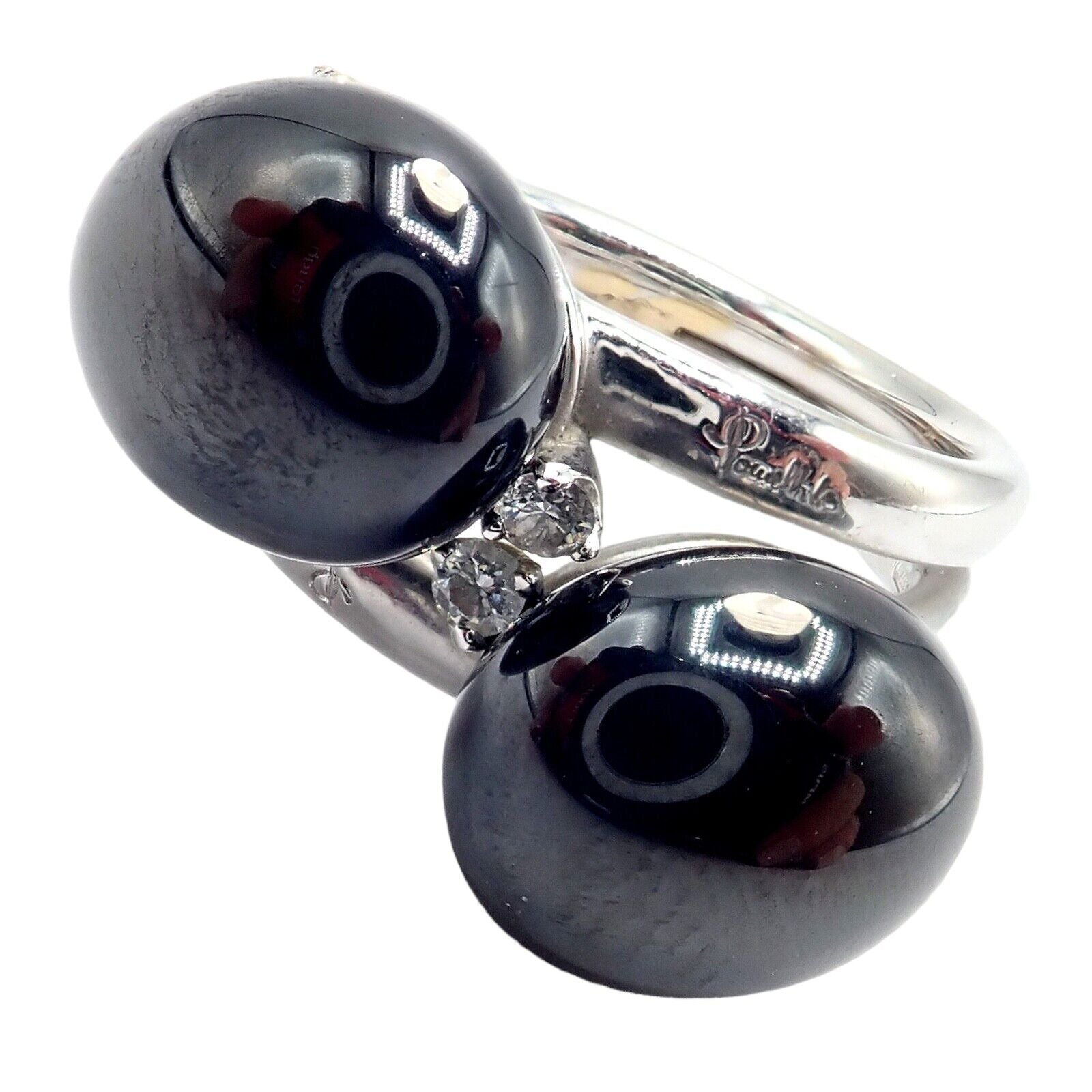 Authentic! Pomellato Capri 18k White Gold Diamond Twin Black Ceramic Ring | Fortrove