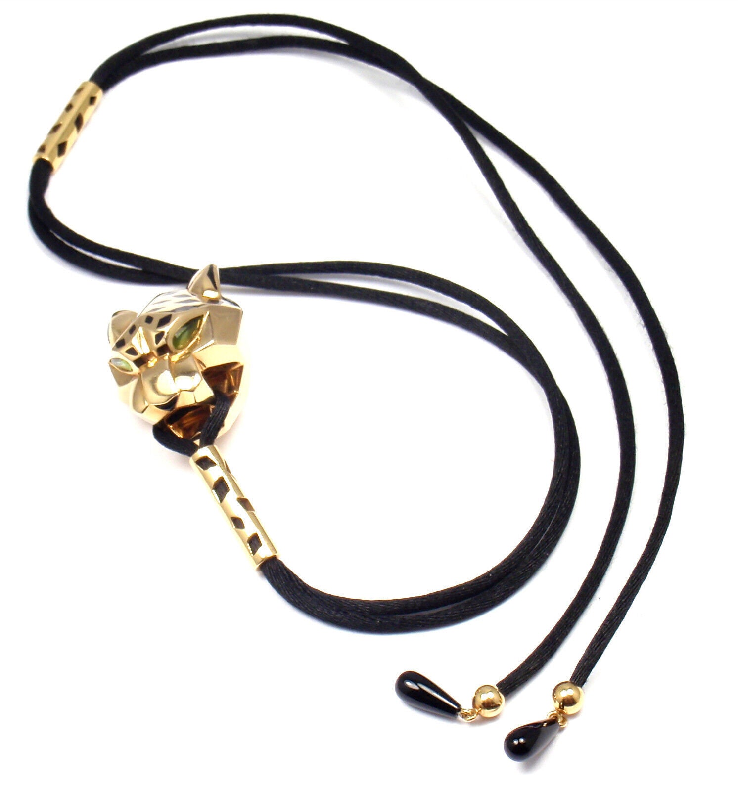 Authentic Cartier Panther Panthere 18k Yellow Gold Emerald Lacquer Cord Necklace | Fortrove