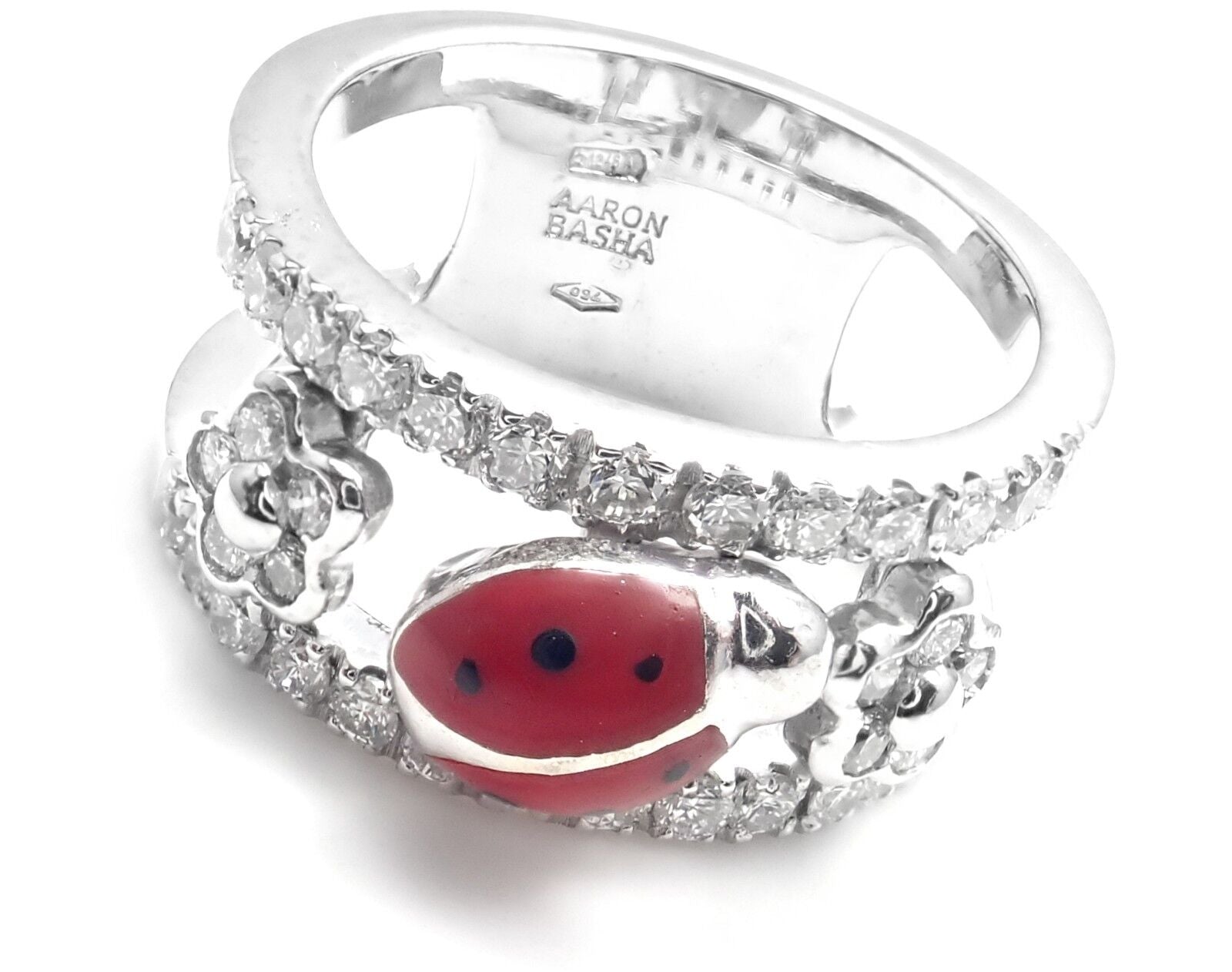 Authentic! Aaron Basha 18k White Gold Diamond Red Enamel Ladybug Band Ring | Fortrove