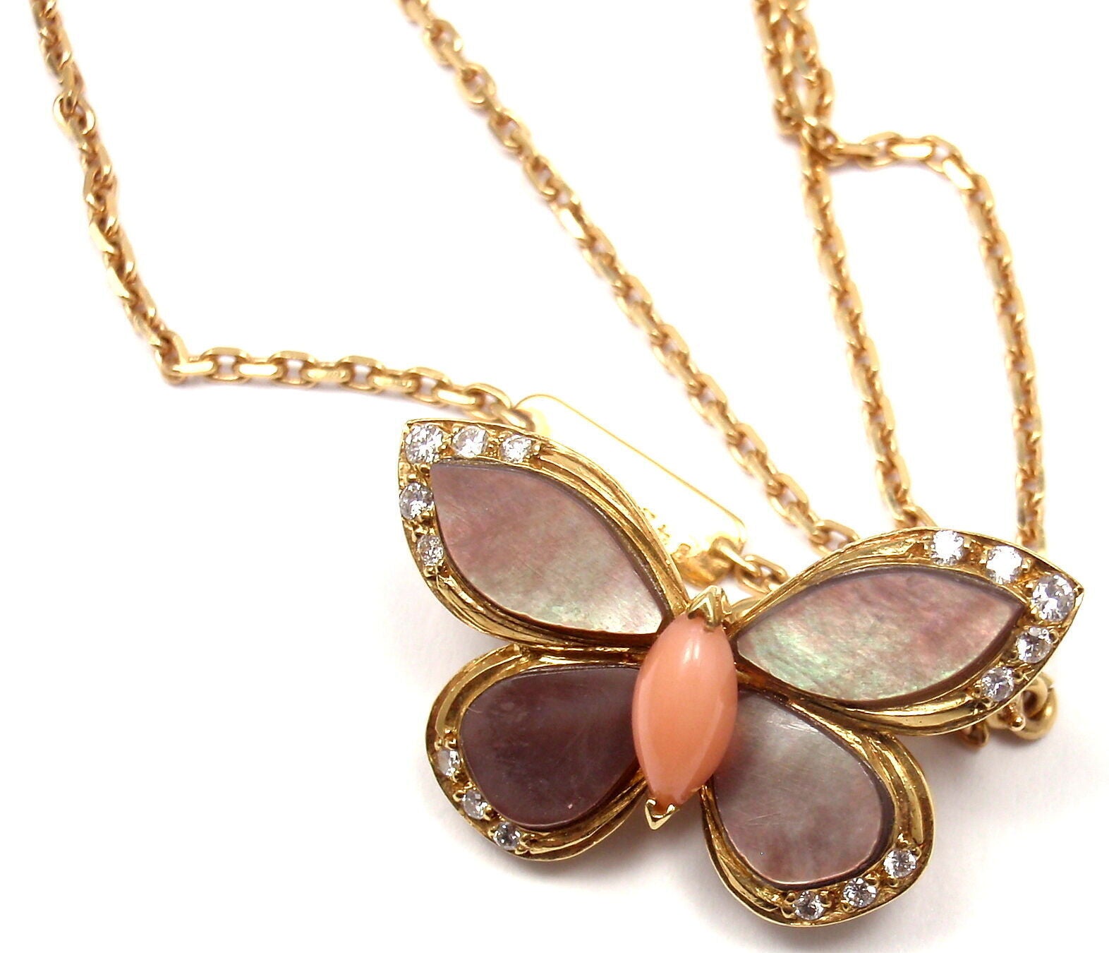 VAN CLEEF & ARPELS 18k Yellow Gold Diamond MOP Coral Butterfly Brooch Necklace | Fortrove