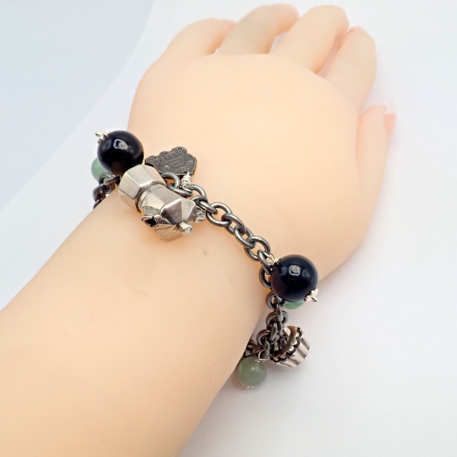 Rare! Vintage Mario Buccellati Silver Coffee Jadeite Onyx Bead Charm Bracelet | Fortrove