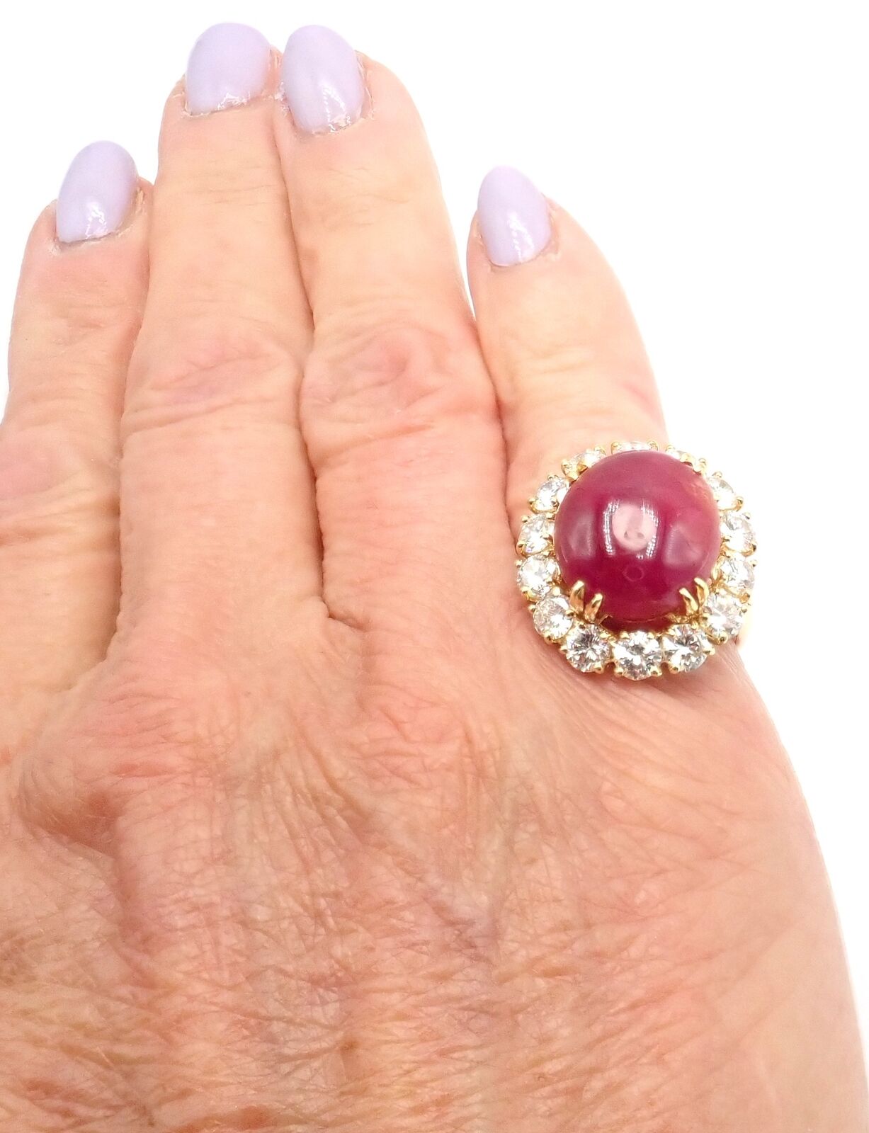 Authentic! Van Cleef & Arpels 18k Yellow Gold Large Cabochon Ruby Diamond Ring | Fortrove