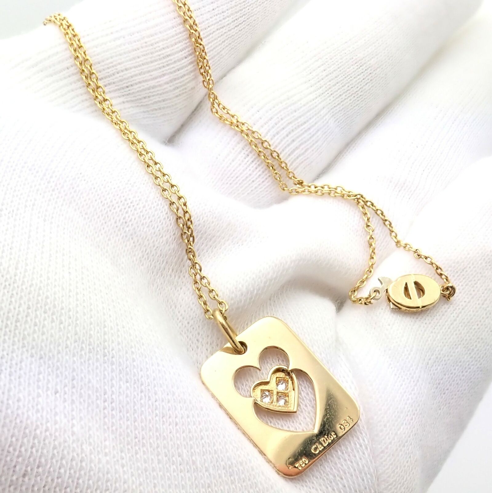 Rare! Christian Dior 18k Yellow Gold Diamond Ace Of Hearts Card Pendant Necklace | Fortrove