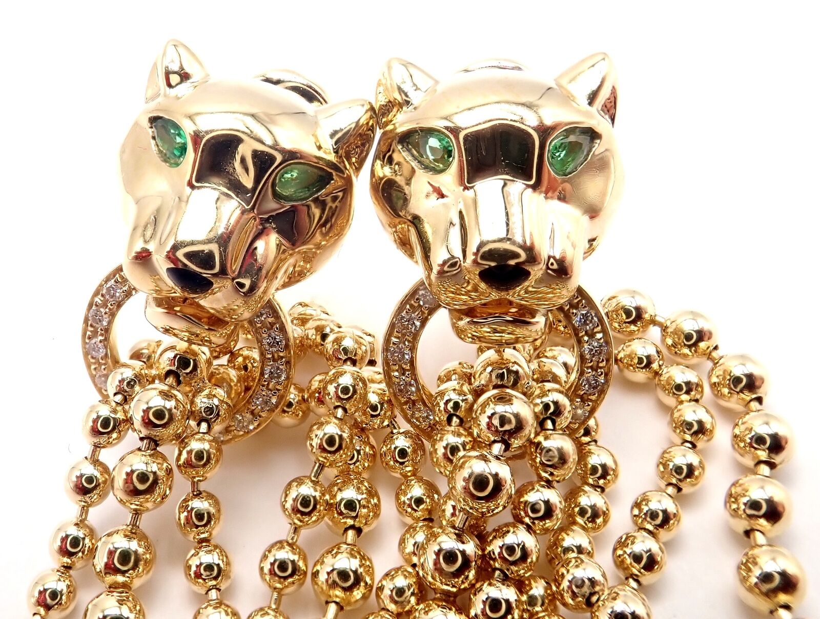 Authentic! Cartier Panther Panthere 18k Gold Diamond Tsavorite Onyx Earrings | Fortrove