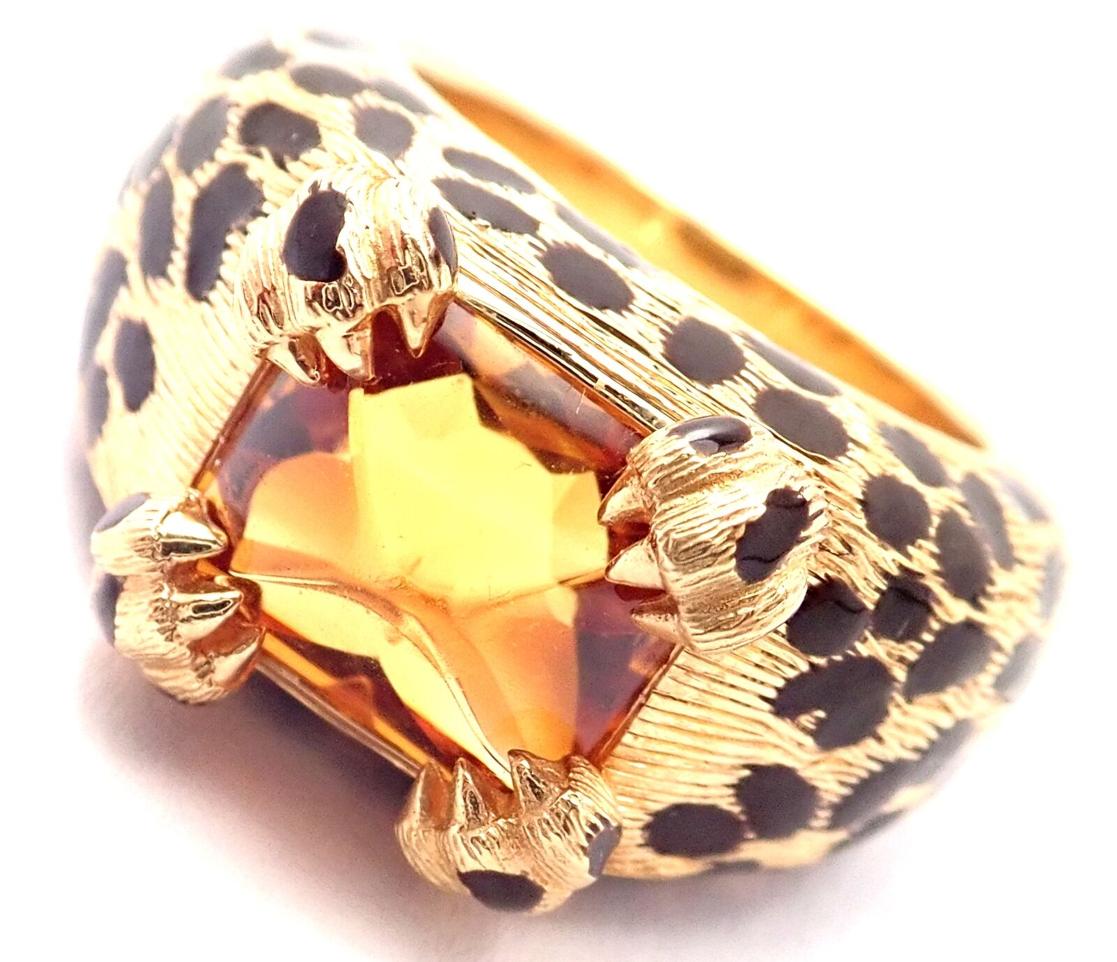 Rare! Authentic Christian Dior Leopard 18k Yellow Gold Citrine Enamel Ring Cert | Fortrove