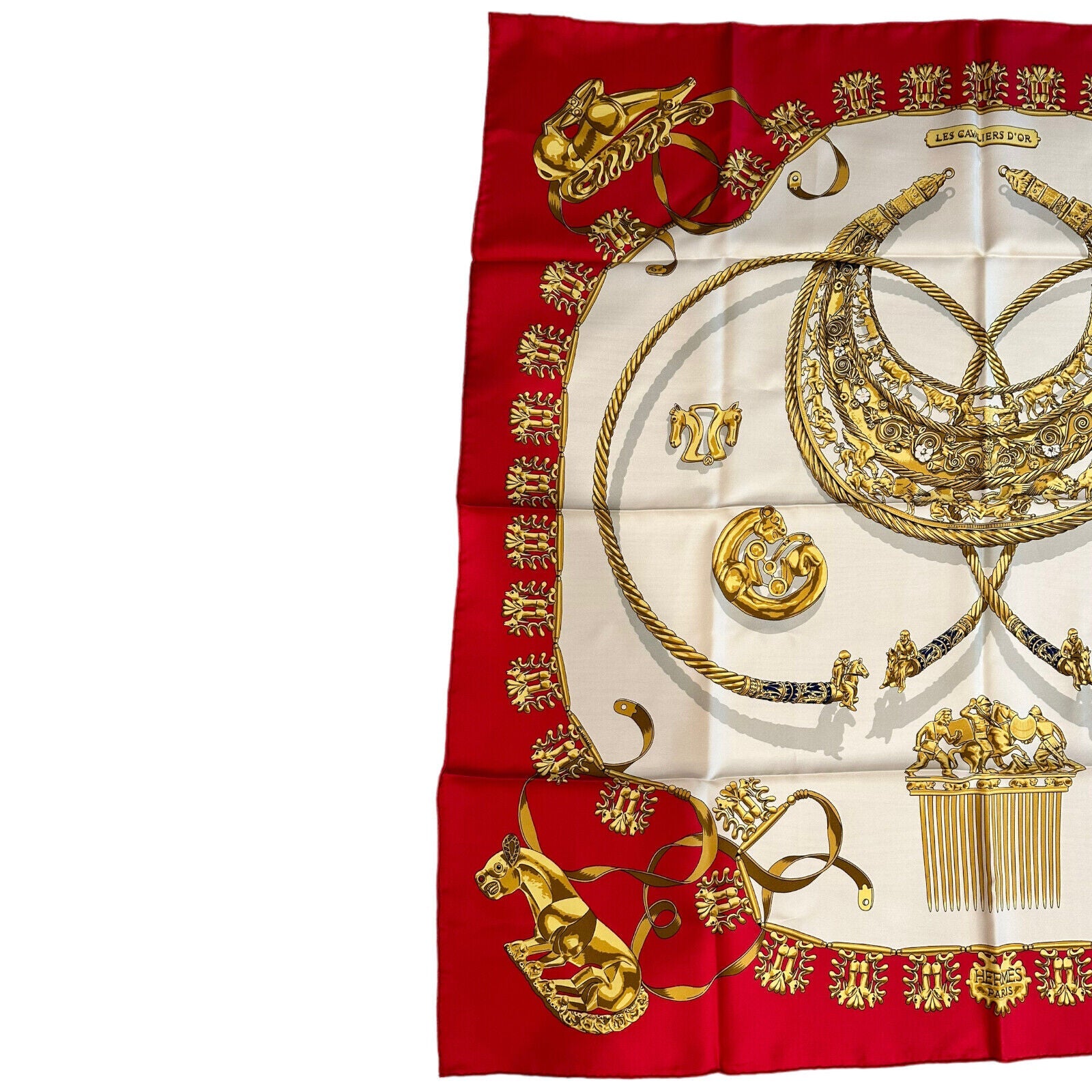 Hermes Carre Les Cavaliers D'Or Golden Horsemen Vintage 90cm Red Silk Scarf | Fortrove