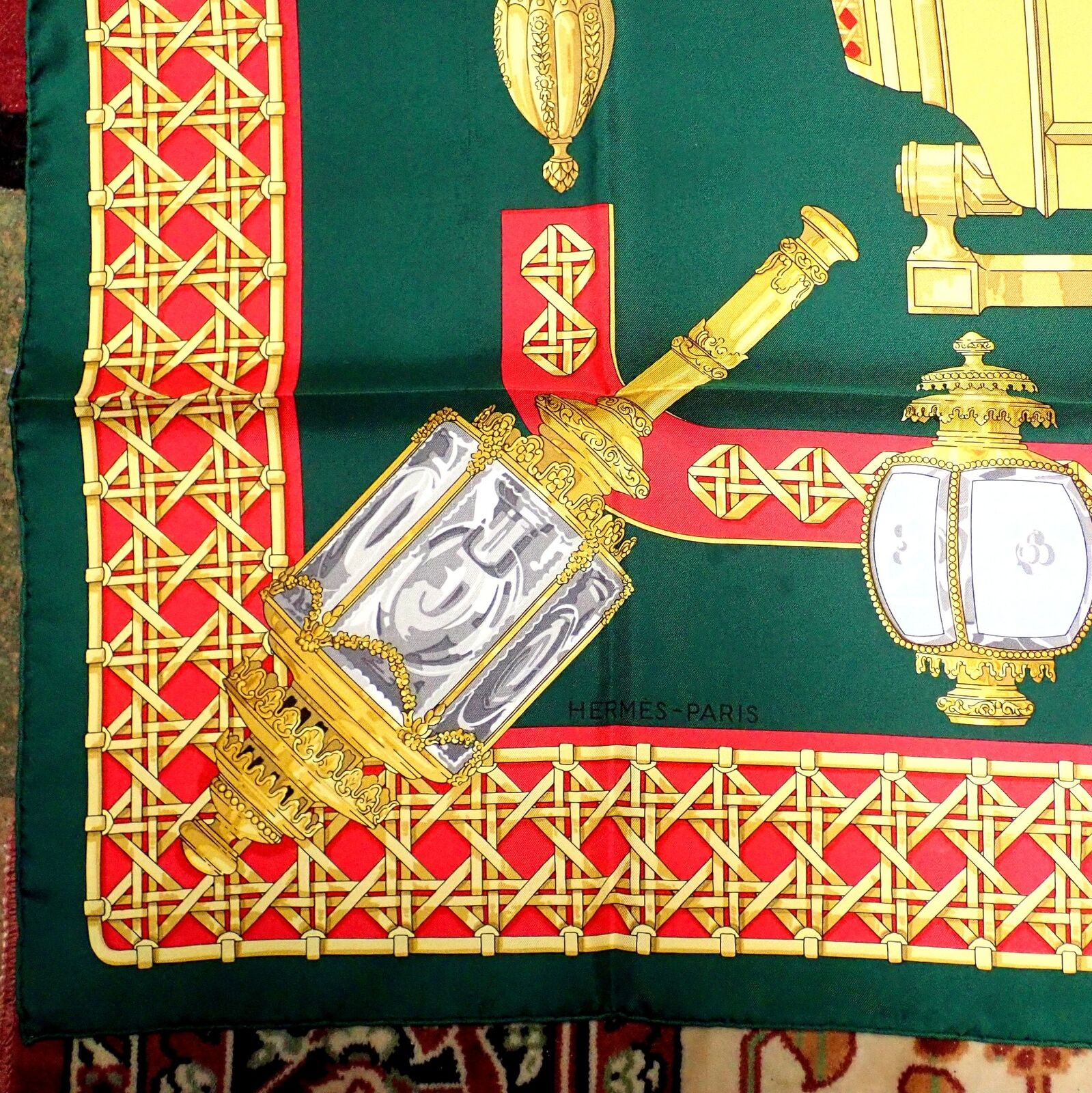 Authentic RARE! Hermes Feux De Route Vintage 90cm Green Red Silk Scarf | Fortrove