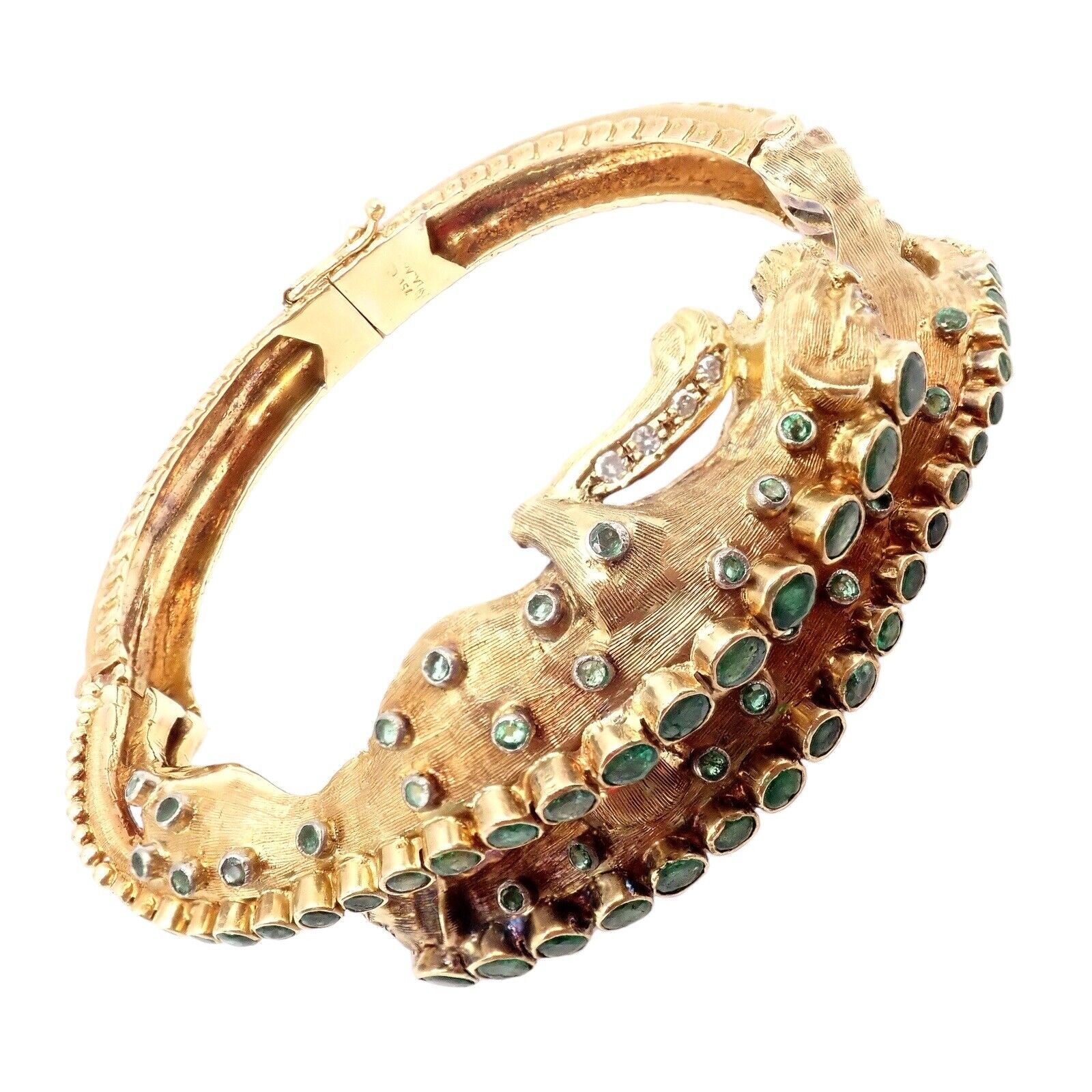 Vintage! Ilias Lalaounis 18k Yellow Gold Emerald Diamond Lioness Bangle Bracelet | Fortrove