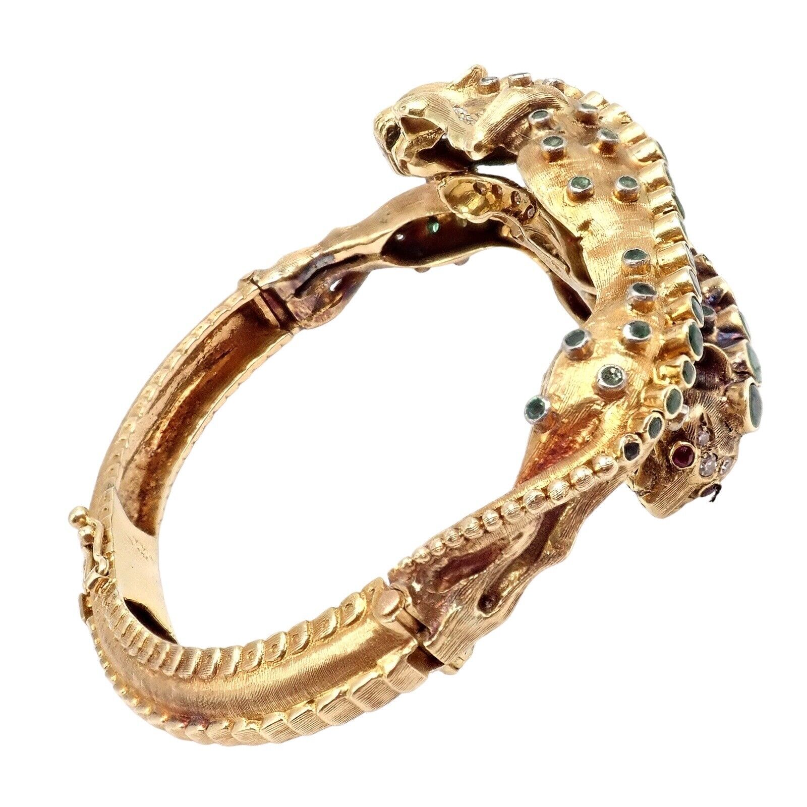 Vintage! Ilias Lalaounis 18k Yellow Gold Emerald Diamond Lioness Bangle Bracelet | Fortrove