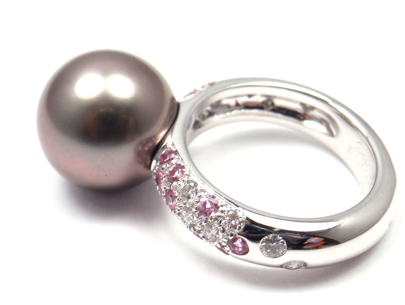 Authentic! Cartier 18K White Gold Tahitian Pearl Diamond Pink Sapphire Ring | Fortrove