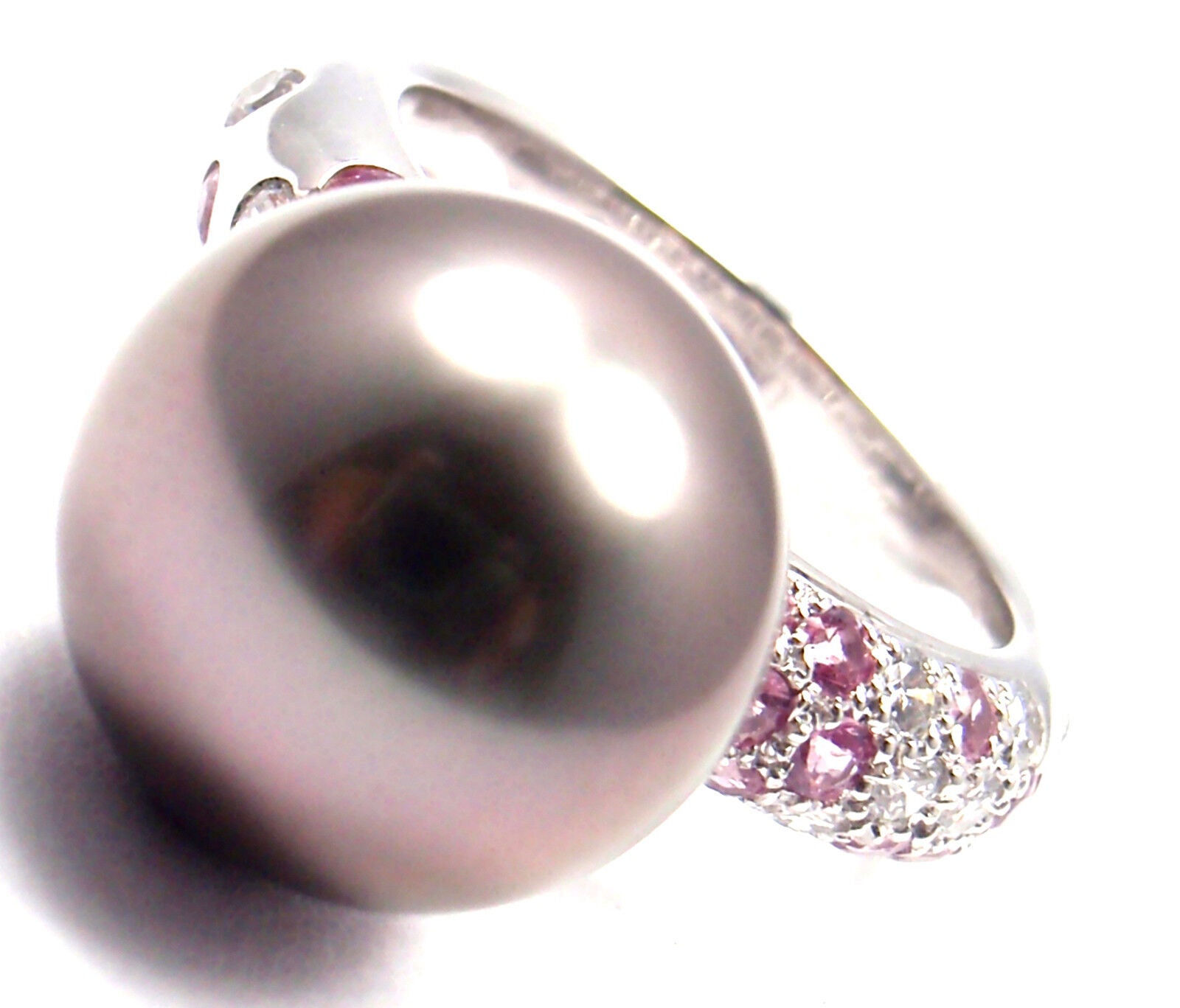 Authentic! Cartier 18K White Gold Tahitian Pearl Diamond Pink Sapphire Ring | Fortrove