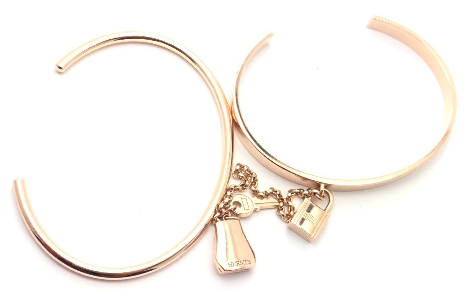 Authentic! Hermes 18K Rose Gold Kelly Clochette Double Cuff Bangle Bracelet | Fortrove