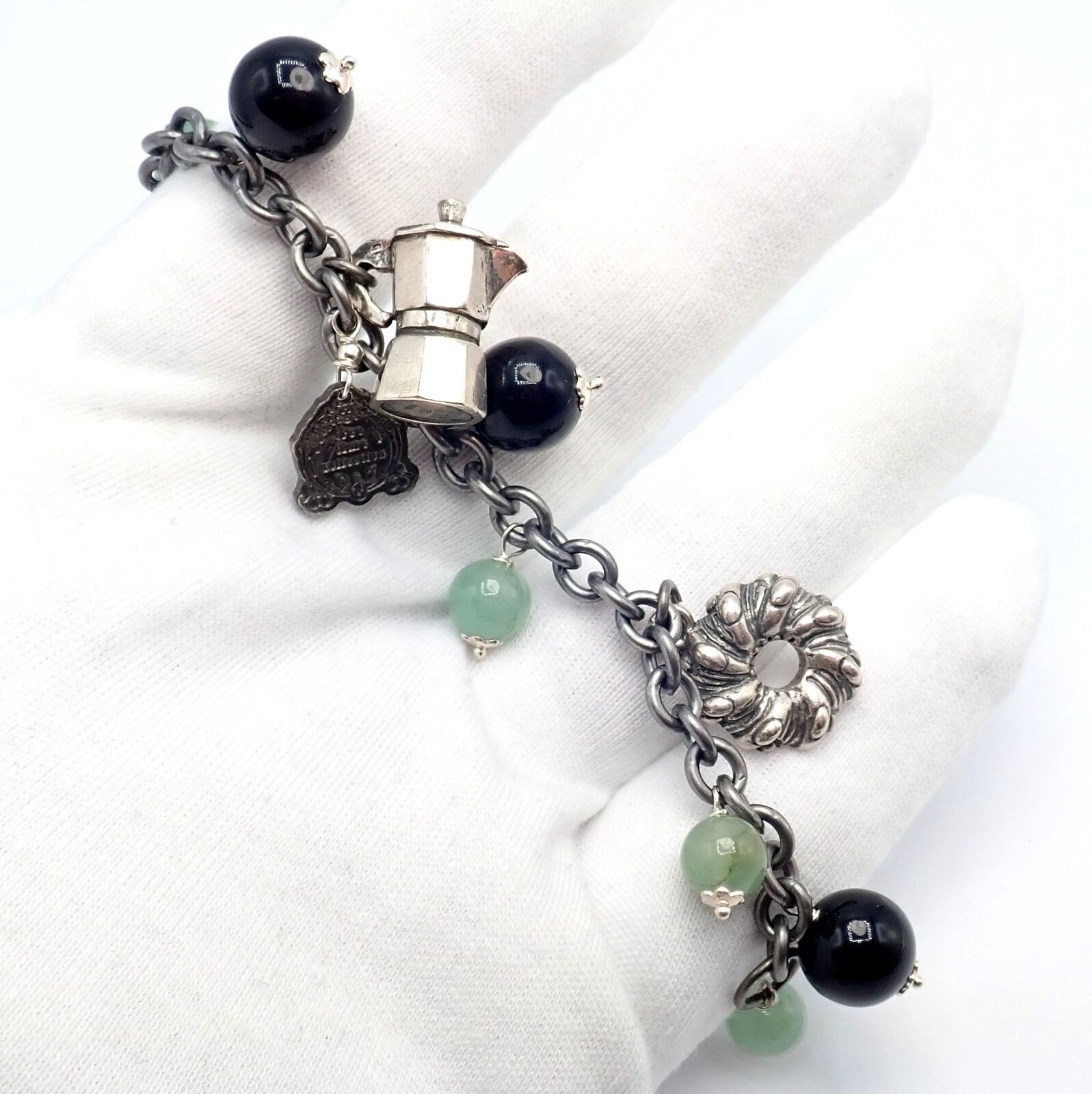 Rare! Vintage Mario Buccellati Silver Coffee Jadeite Onyx Bead Charm Bracelet | Fortrove