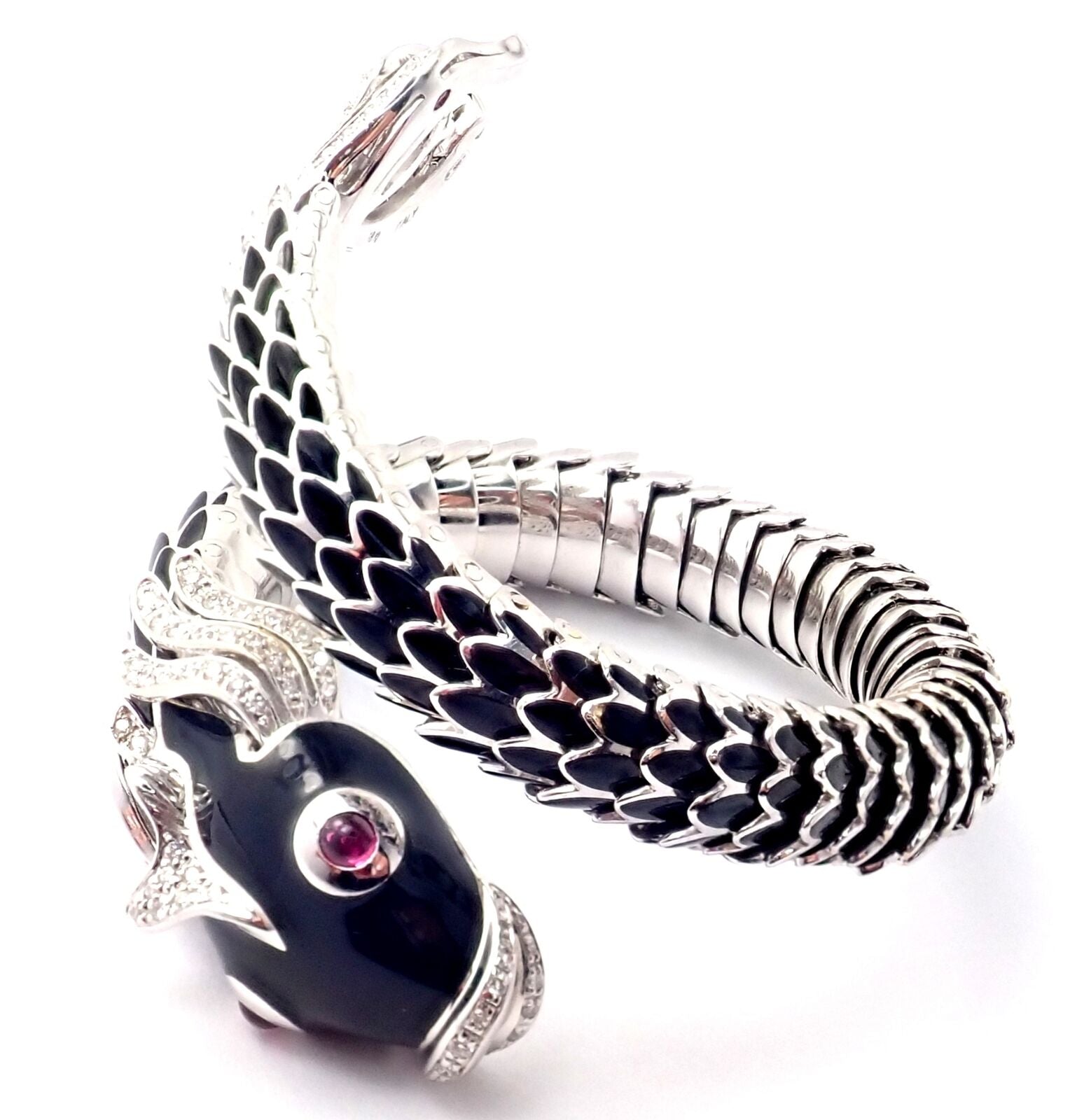 Authentic! Roberto Coin Nemo 18k White Gold Diamond Ruby Enamel Cuff Bracelet | Fortrove