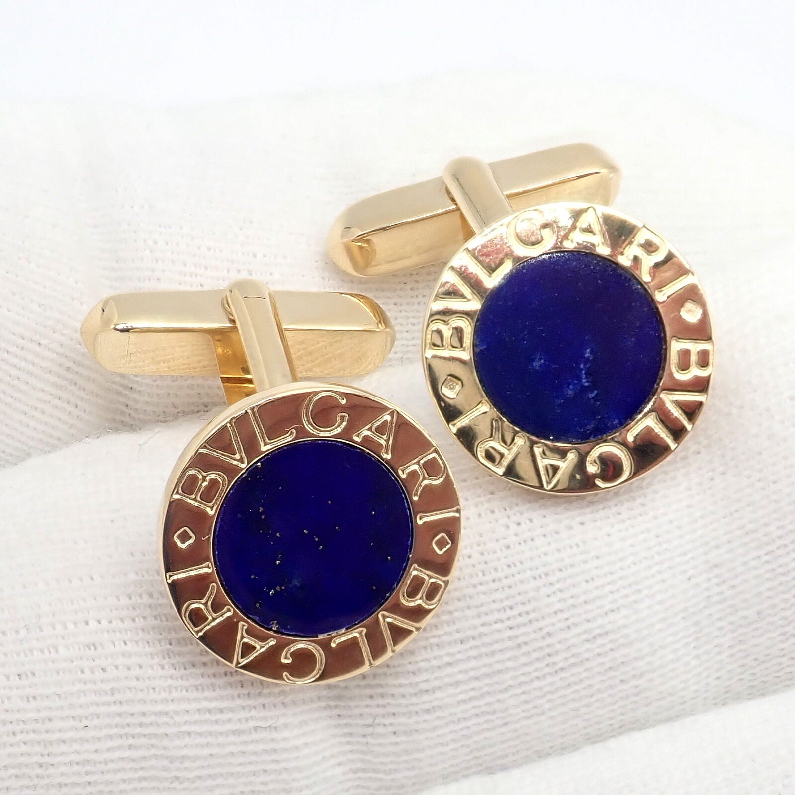 Authentic! Bvlgari Bulgari 18k Yellow Gold Lapis Lazuli Cufflinks | Fortrove