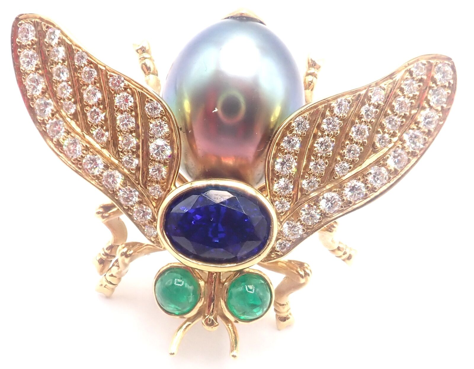 Tiffany & Co 18k Gold Diamond Tahitian Pearl Tanzanite Emerald Fly Pin Brooch | Fortrove