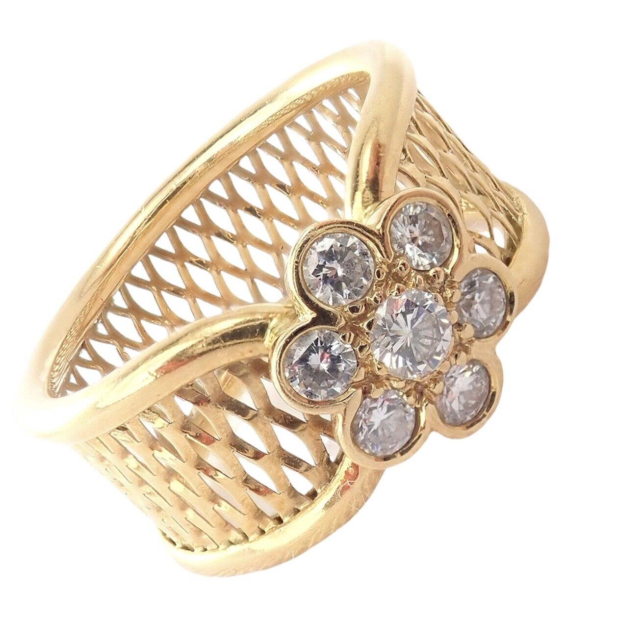 Authentic! Van Cleef & Arpels 18k Yellow Gold Diamond Mesh Fleurette Ring sz 7 | Fortrove