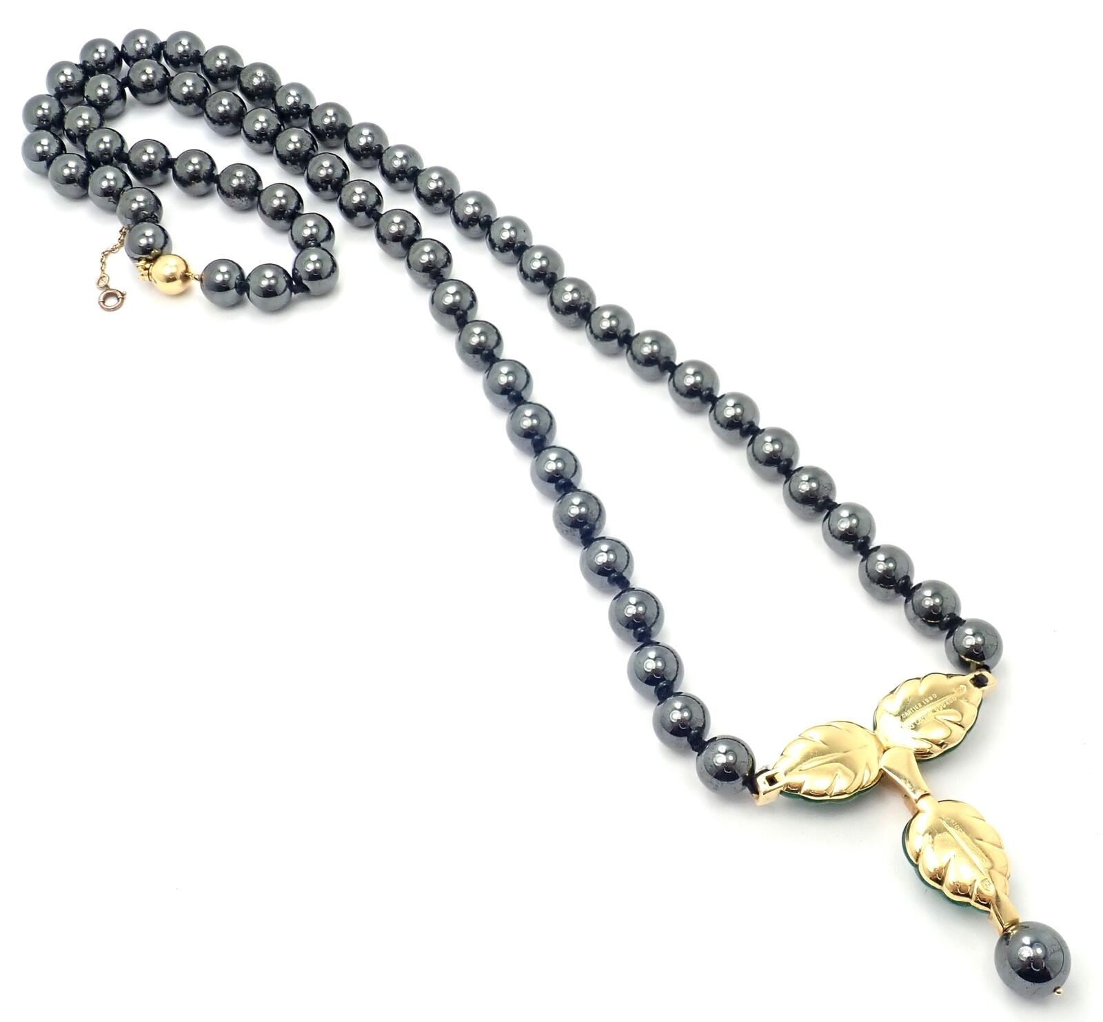 Authentic! Cartier 18k Yellow Gold Hematite Bead Diamond Chalcedony Necklace | Fortrove