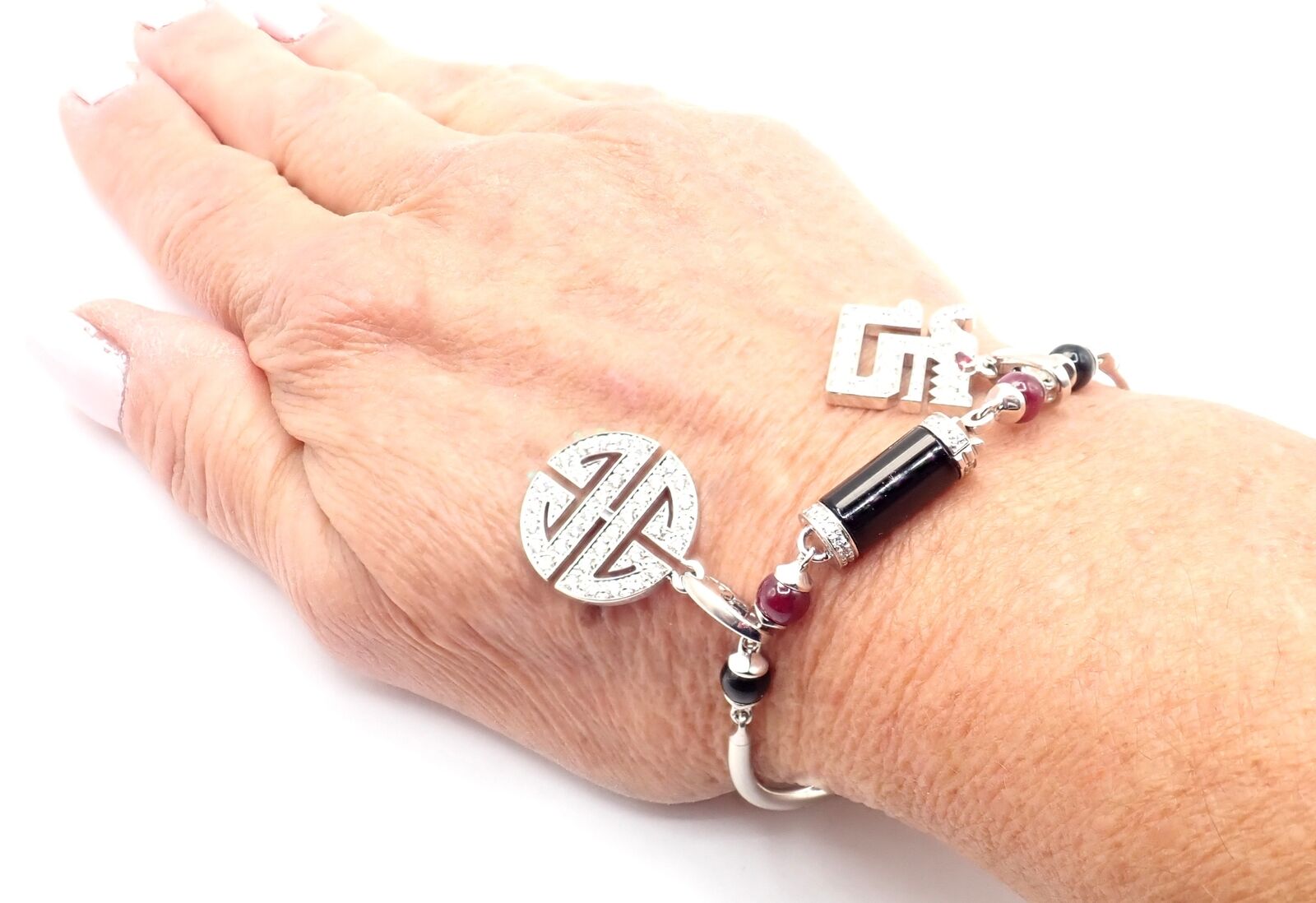 Cartier Le Baiser Du Dragon 18k Gold Diamond Ruby Onyx 2 Charms Bangle Bracelet | Fortrove