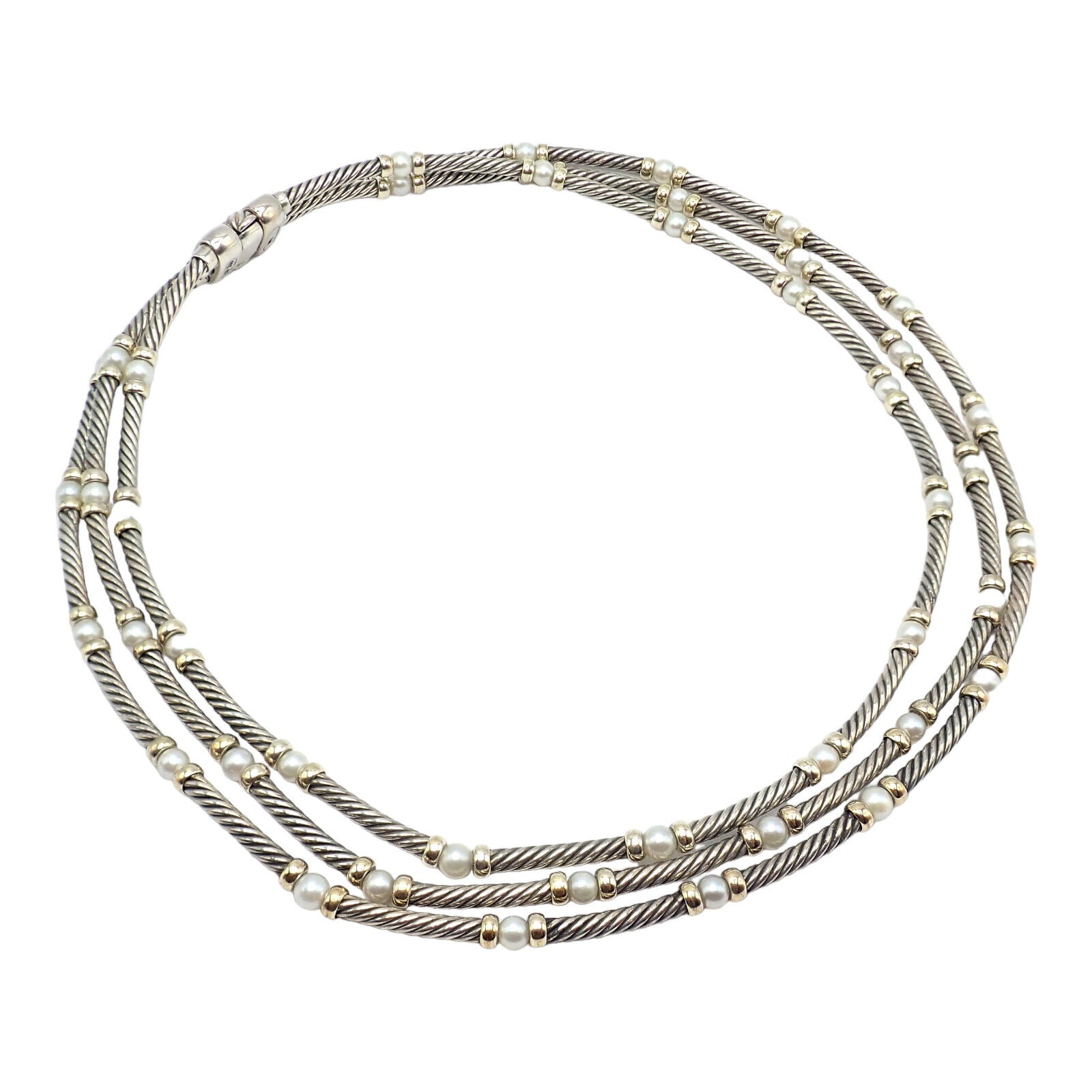 David Yurman DY Sterling Silver 14k Yellow Gold 3 Cable 3mm Pearl Necklace 15" | Fortrove