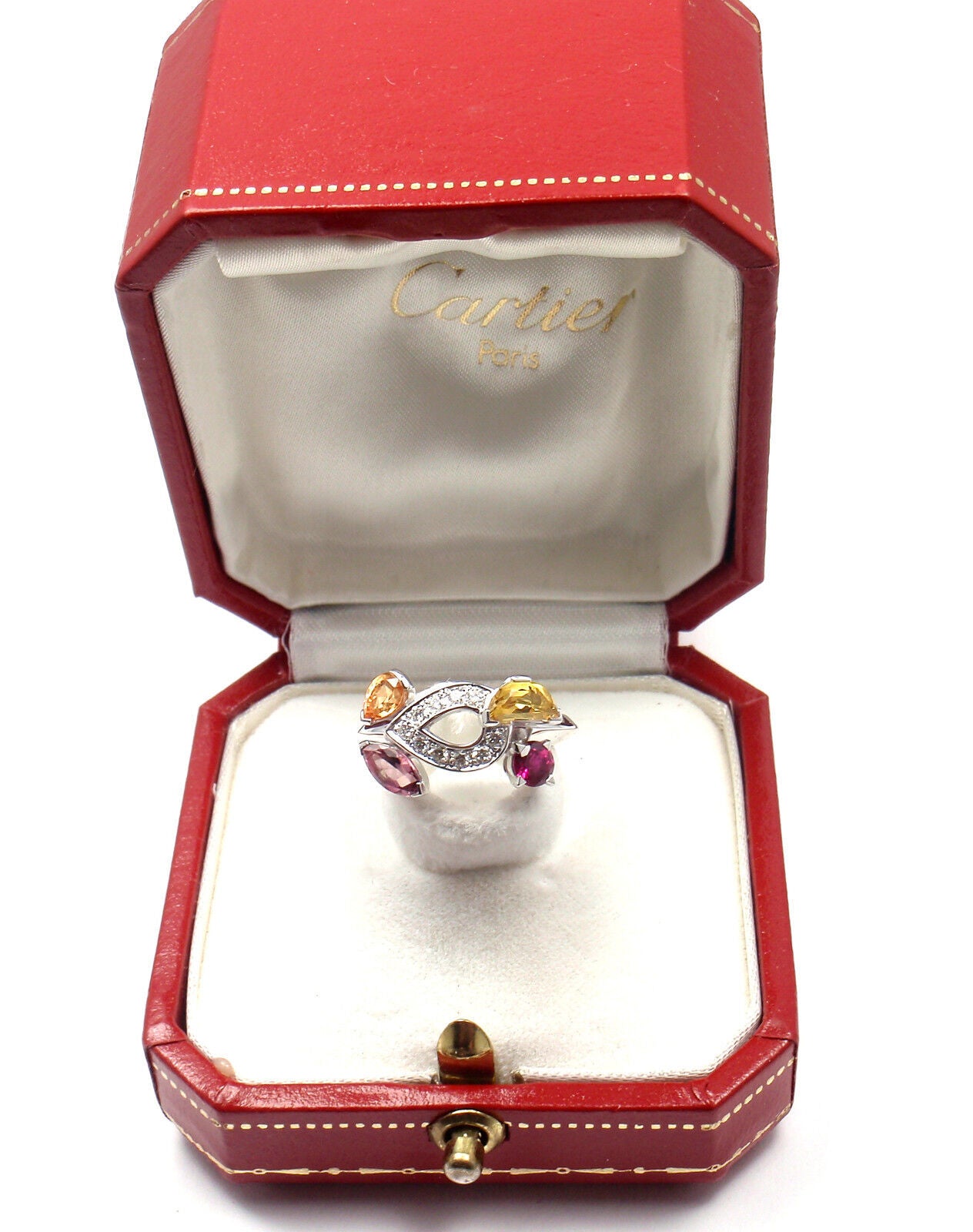 Authentic CARTIER Sorbet 18k White Gold Diamond Tourmaline Sapphire Ring Size 50 | Fortrove