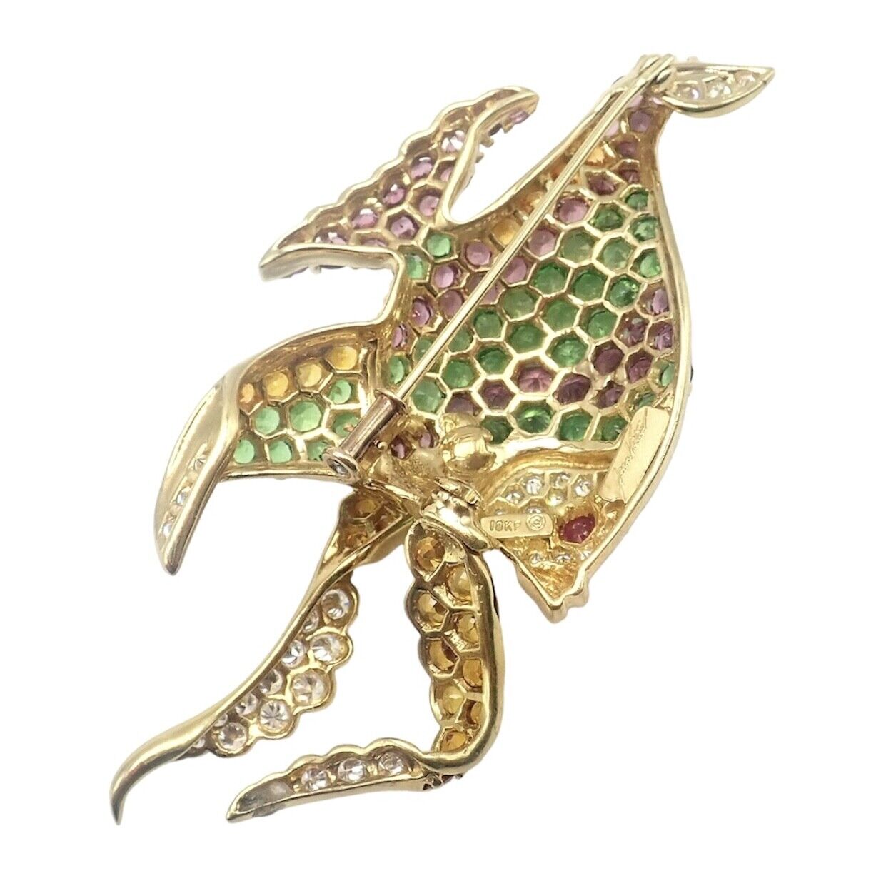 Authentic! Rare Jean Vitau 18k Yellow Gold Diamond Color Stone Angel Fish Brooch | Fortrove