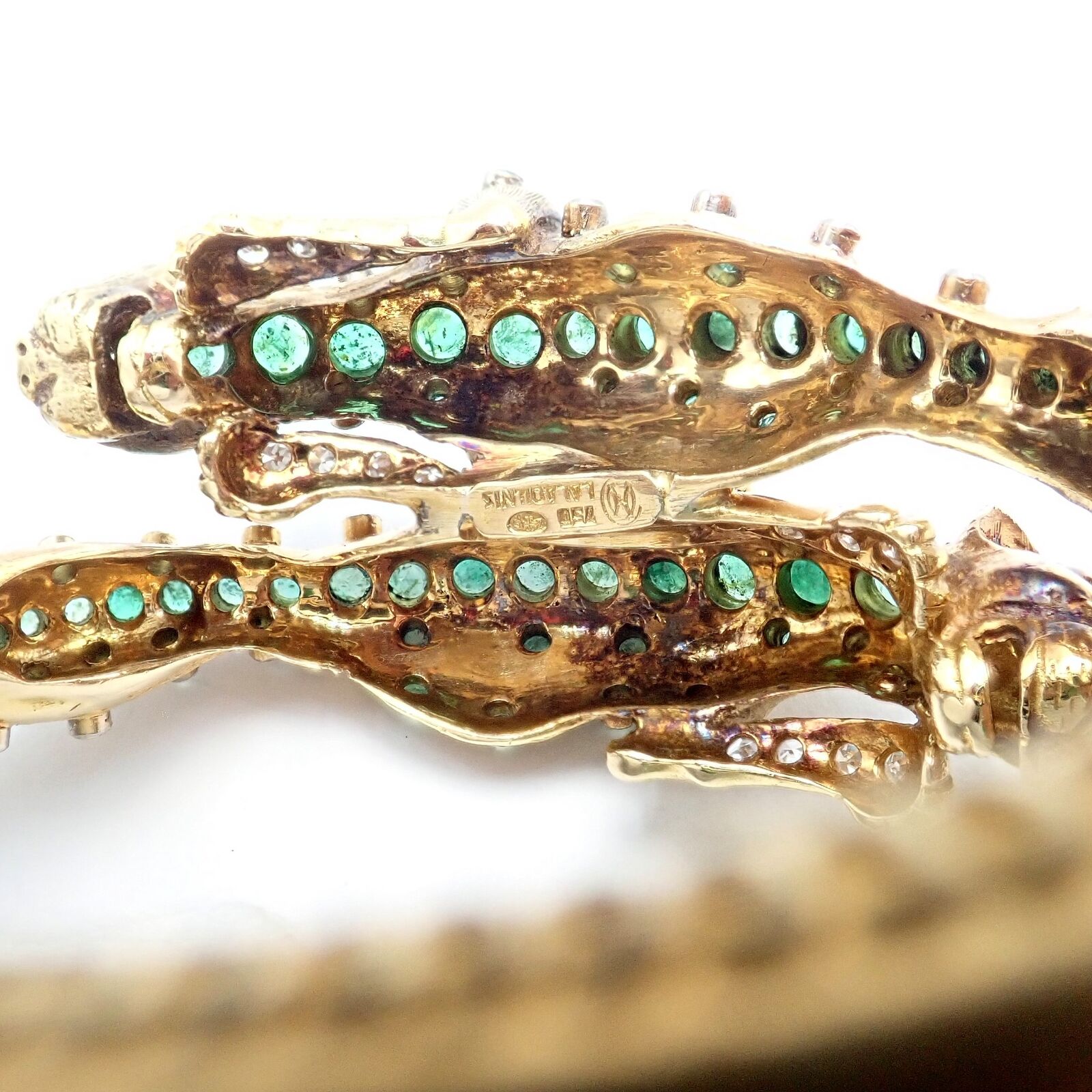 Vintage! Ilias Lalaounis 18k Yellow Gold Emerald Diamond Lioness Bangle Bracelet | Fortrove