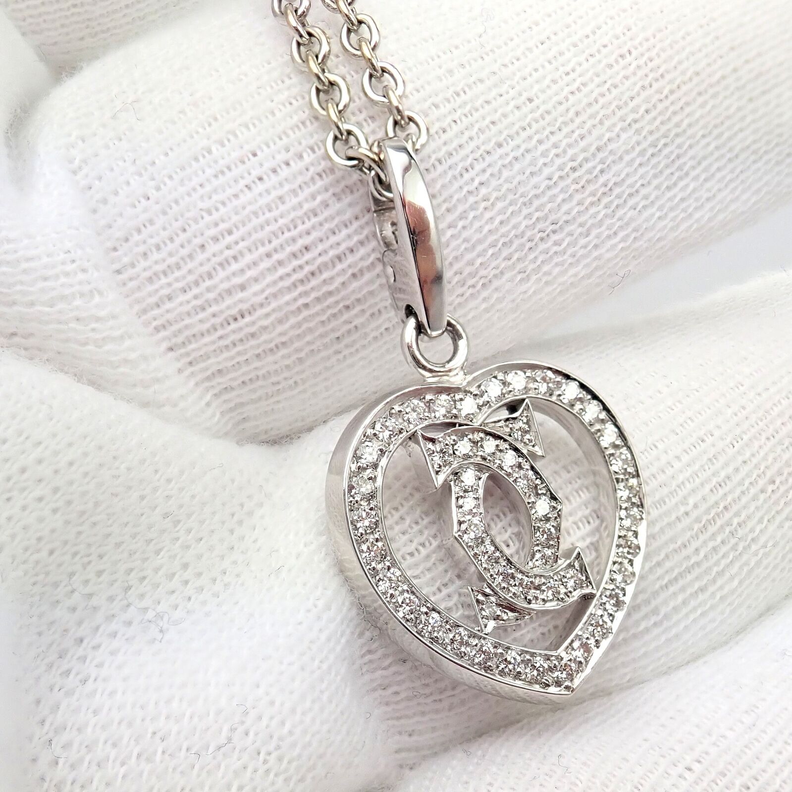 Authentic! Cartier Double C Heart 18k White Gold Diamond Pendant Necklace | Fortrove