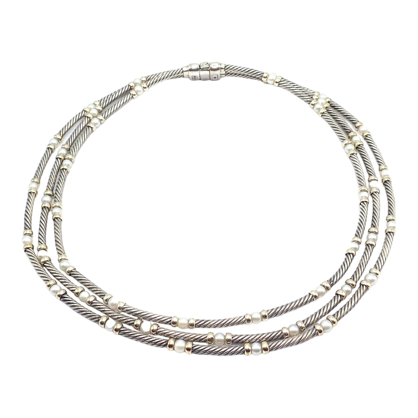 David Yurman DY Sterling Silver 14k Yellow Gold 3 Cable 3mm Pearl Necklace 15" | Fortrove