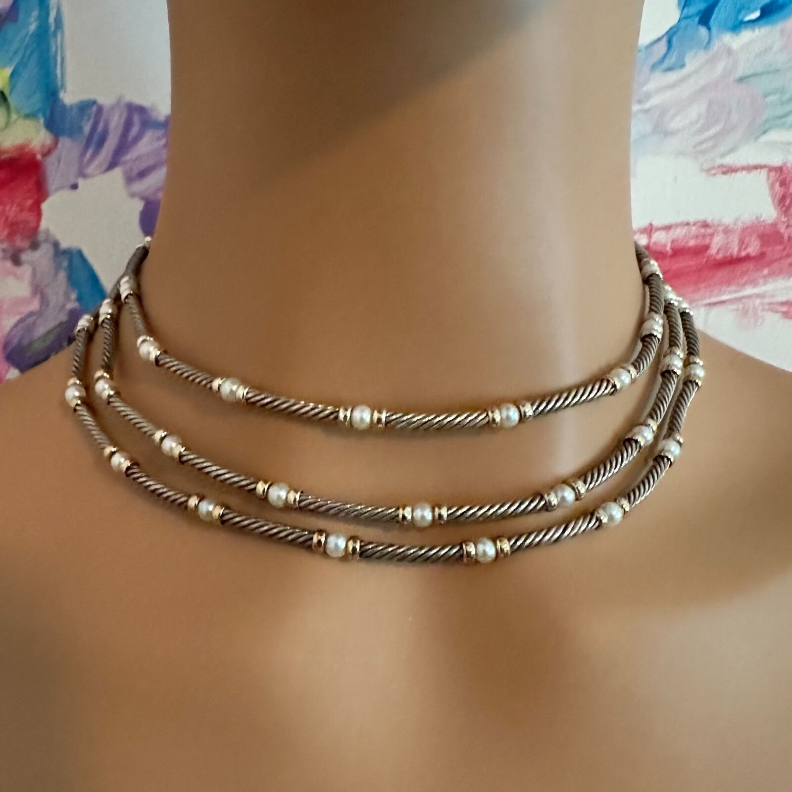 David Yurman DY Sterling Silver 14k Yellow Gold 3 Cable 3mm Pearl Necklace 15" | Fortrove