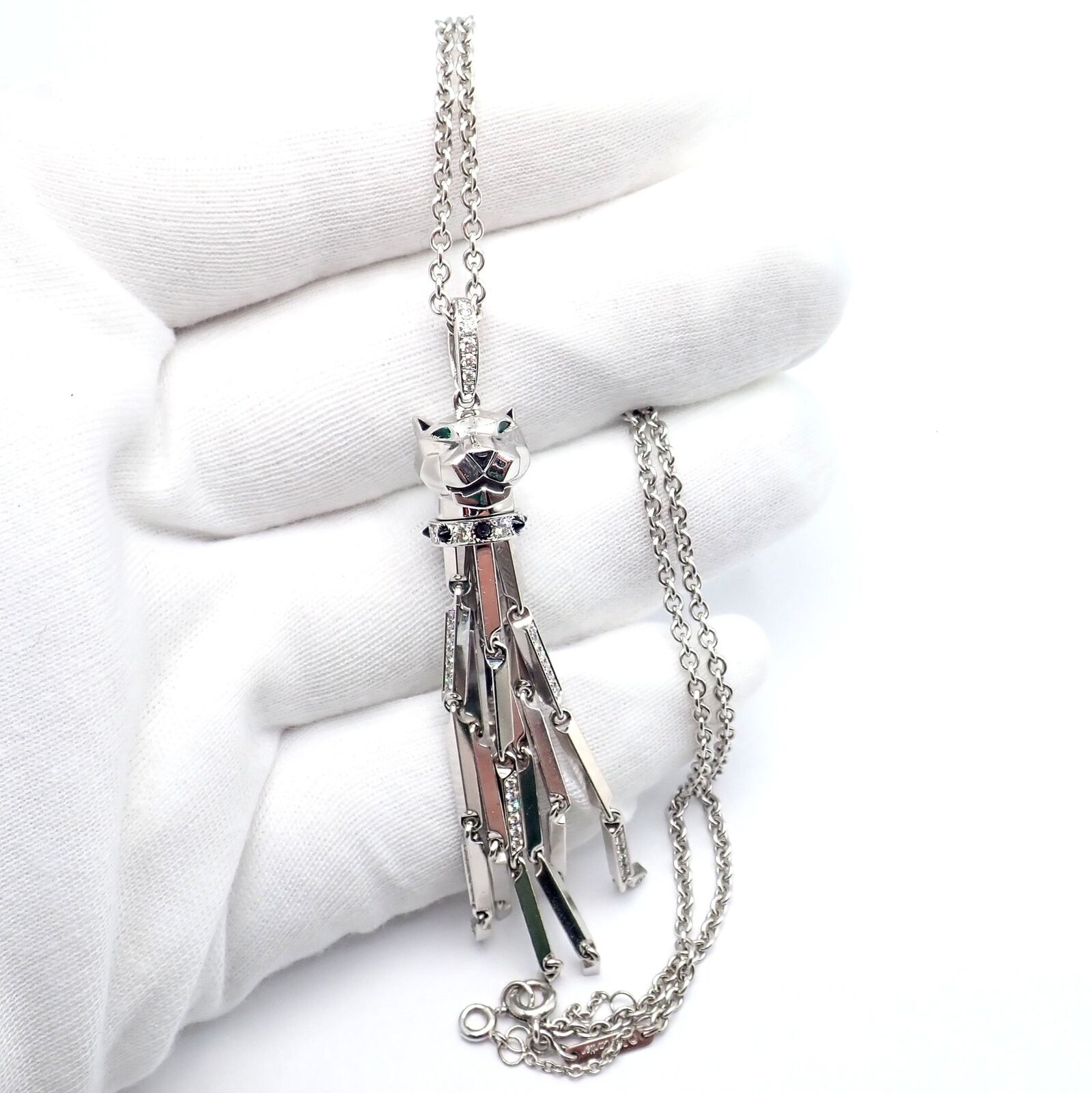 Panthere de Cartier Panther 18k White Gold Diamond Emerald Onyx Pendant Necklace | Fortrove