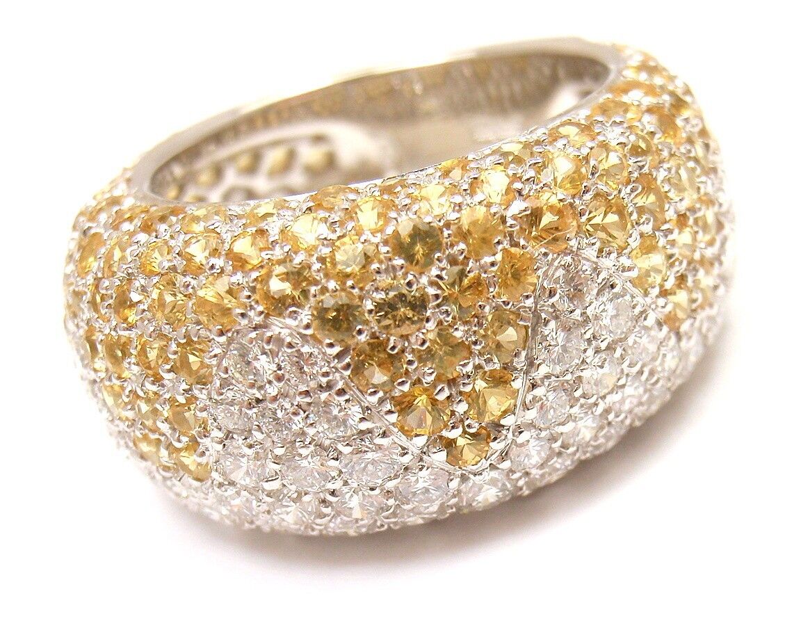 Authentic! Chopard 18k White Gold Yellow Sapphire Diamond Wave Wide Band Ring | Fortrove