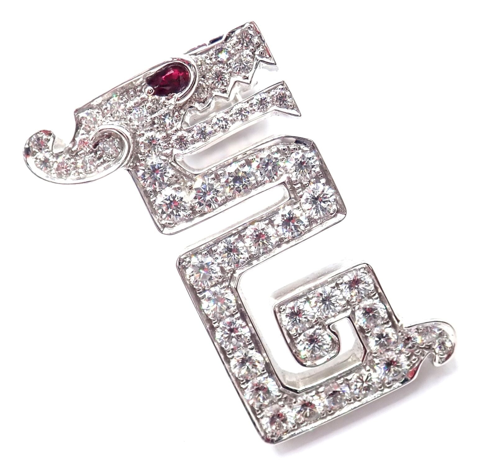 Authentic! Cartier Le Baiser Du Dragon 18k White Gold Diamond Ruby Pin Clip | Fortrove