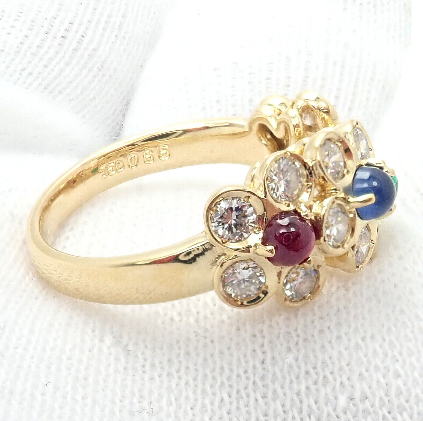 Rare! Authentic Christian Dior 18k Yellow Gold Ruby Emerald Diamond Flower Ring | Fortrove
