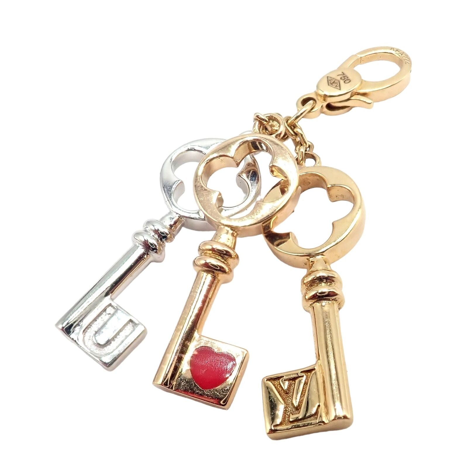 Rare! Louis Vuitton LV 18k Tri Color Gold Enamel Heart Three Keys Charm Pendant | Fortrove