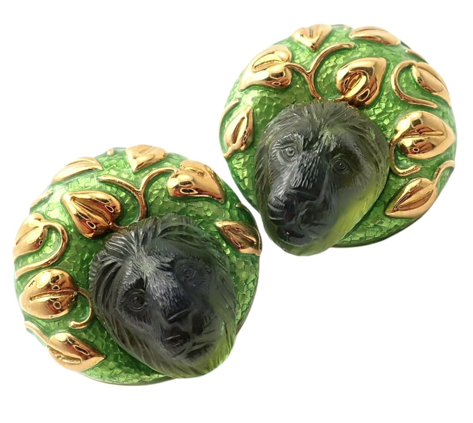 Elizabeth Gage 18k Yellow Gold Carved Green Tourmaline Enamel Lion Earrings | Fortrove