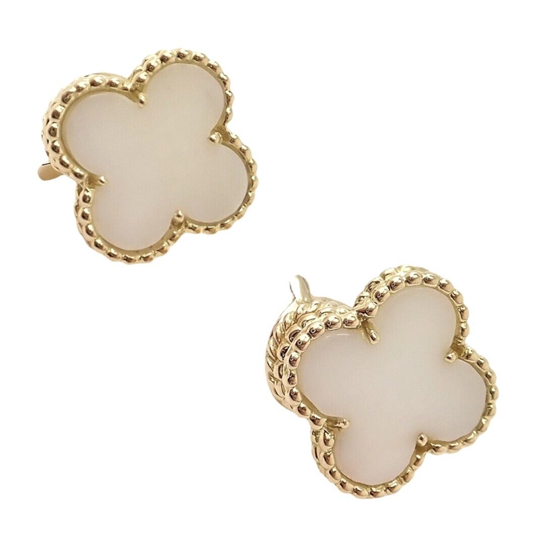 Rare! Van Cleef & Arpels Vintage Alhambra 18k Yellow Gold White Coral Earrings | Fortrove
