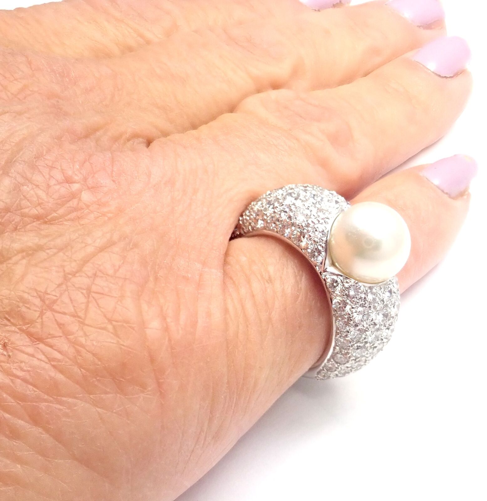 Authentic! Cartier Juliette 18k White Gold Cultured Pearl Diamond Band Ring | Fortrove